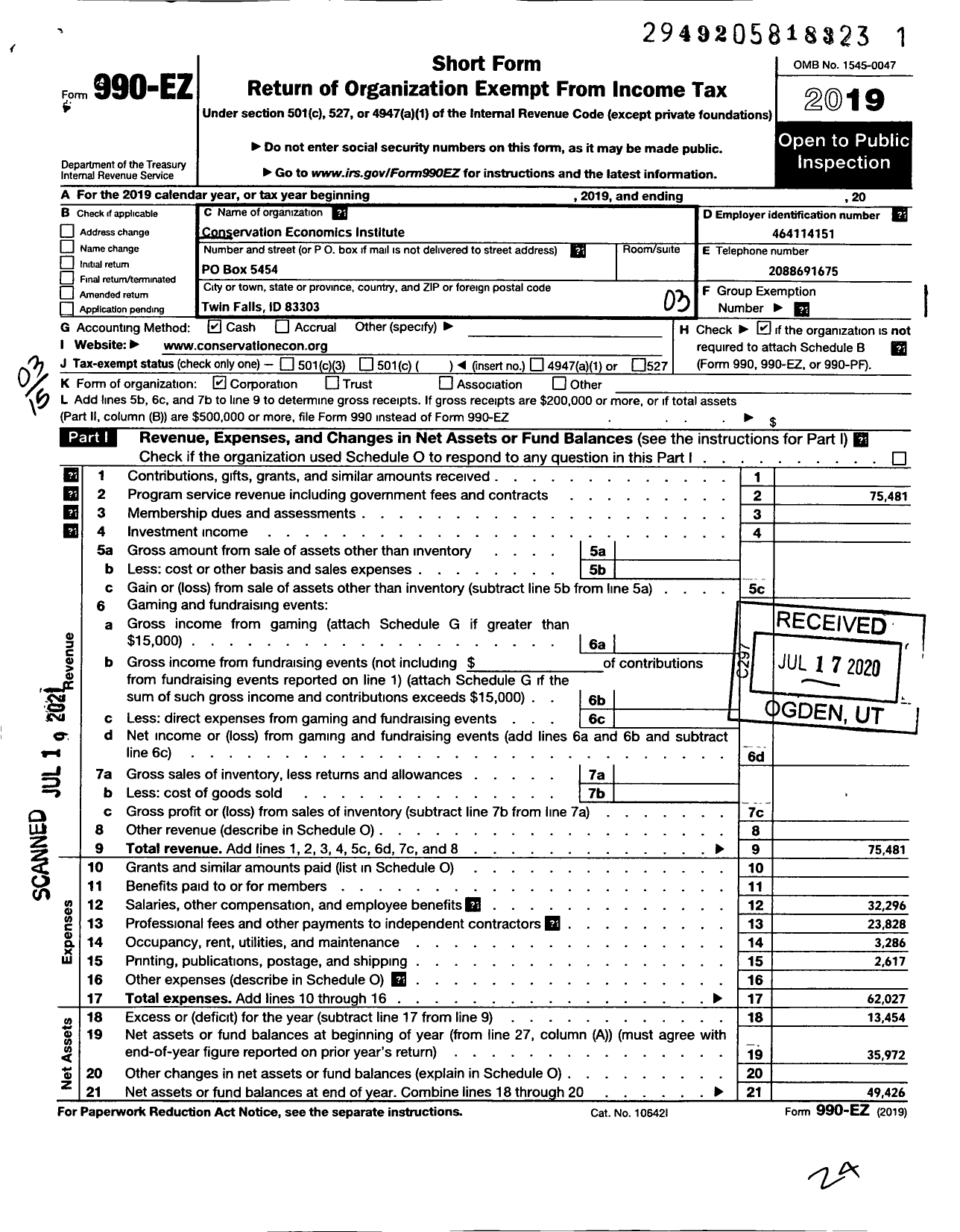 Image of first page of 2019 Form 990EZ for Conservation Economics Institute