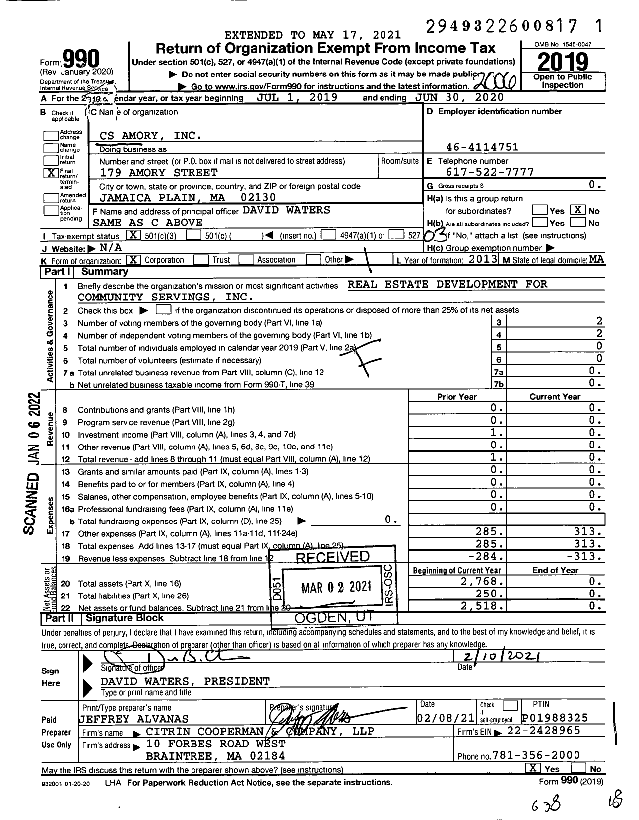 Image of first page of 2019 Form 990 for CS Amory