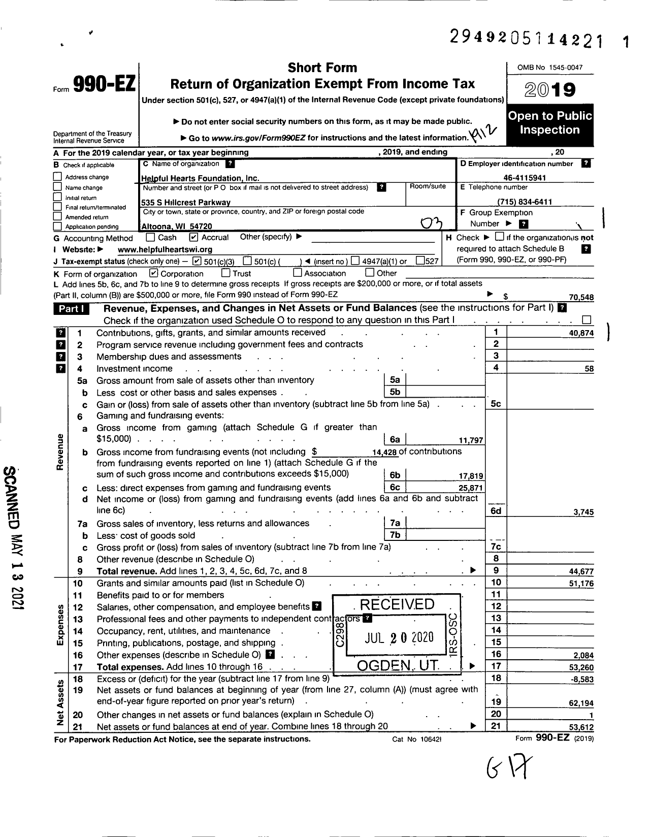 Image of first page of 2019 Form 990EZ for Helpful Hearts Foundation