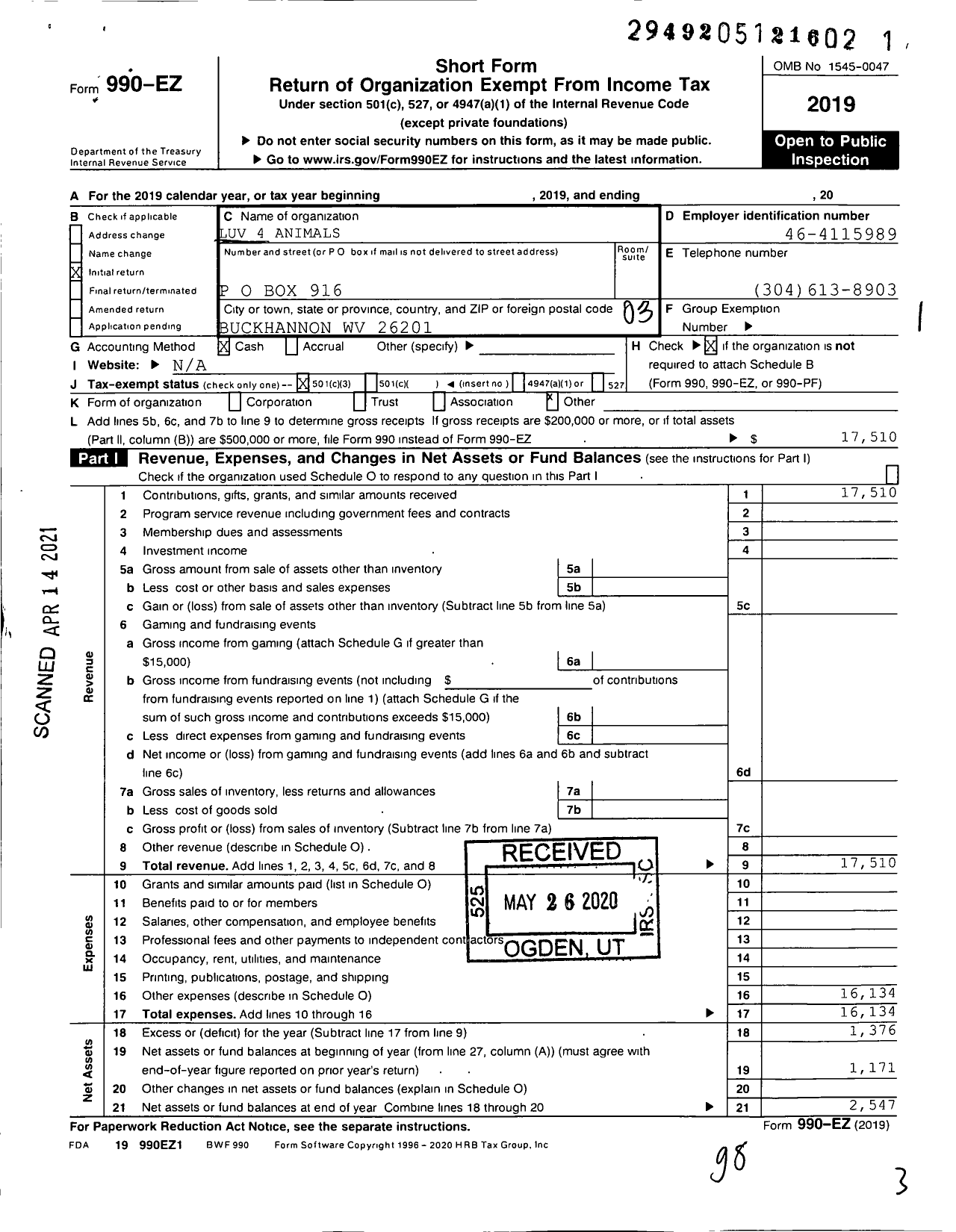 Image of first page of 2019 Form 990EZ for Luv 4 Animals