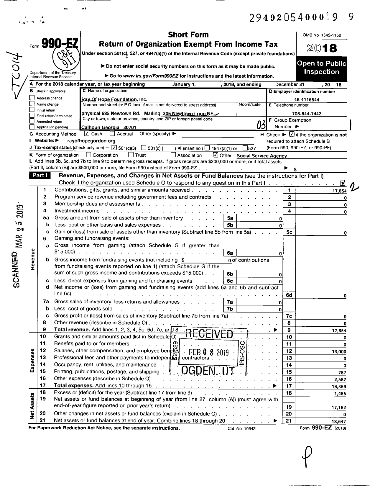 Image of first page of 2018 Form 990EZ for Ray of Hope Foundation