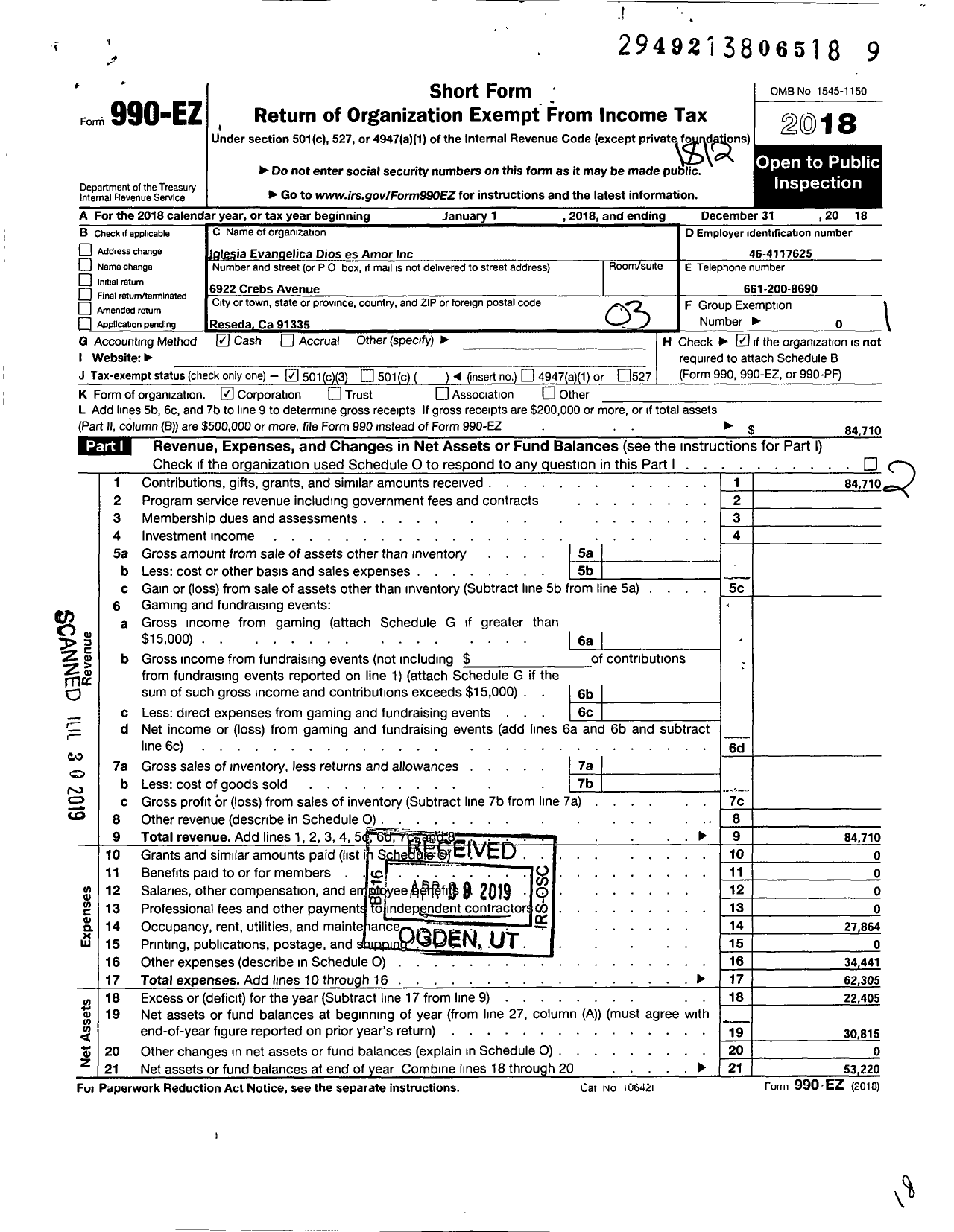 Image of first page of 2018 Form 990EZ for Iglesia Evangelica Dios Es Amor