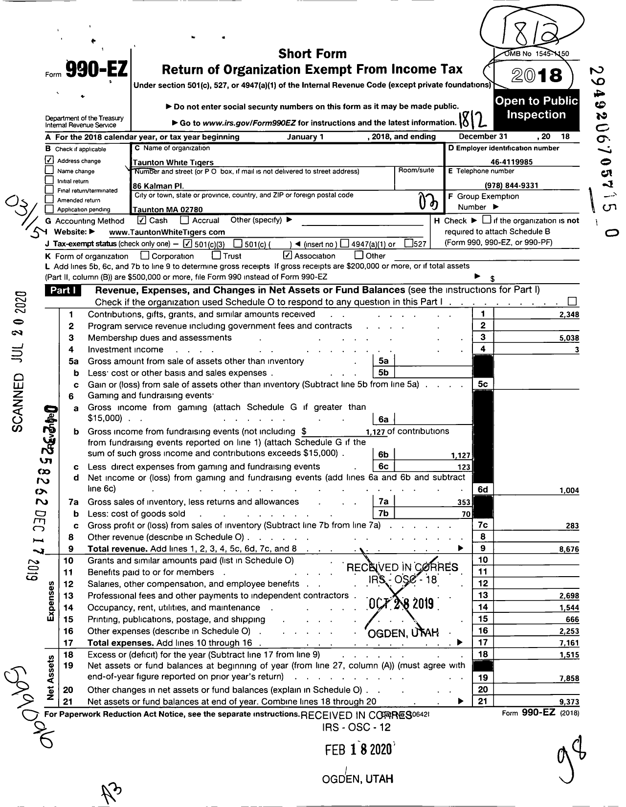 Image of first page of 2018 Form 990EZ for Taunton White Tigers