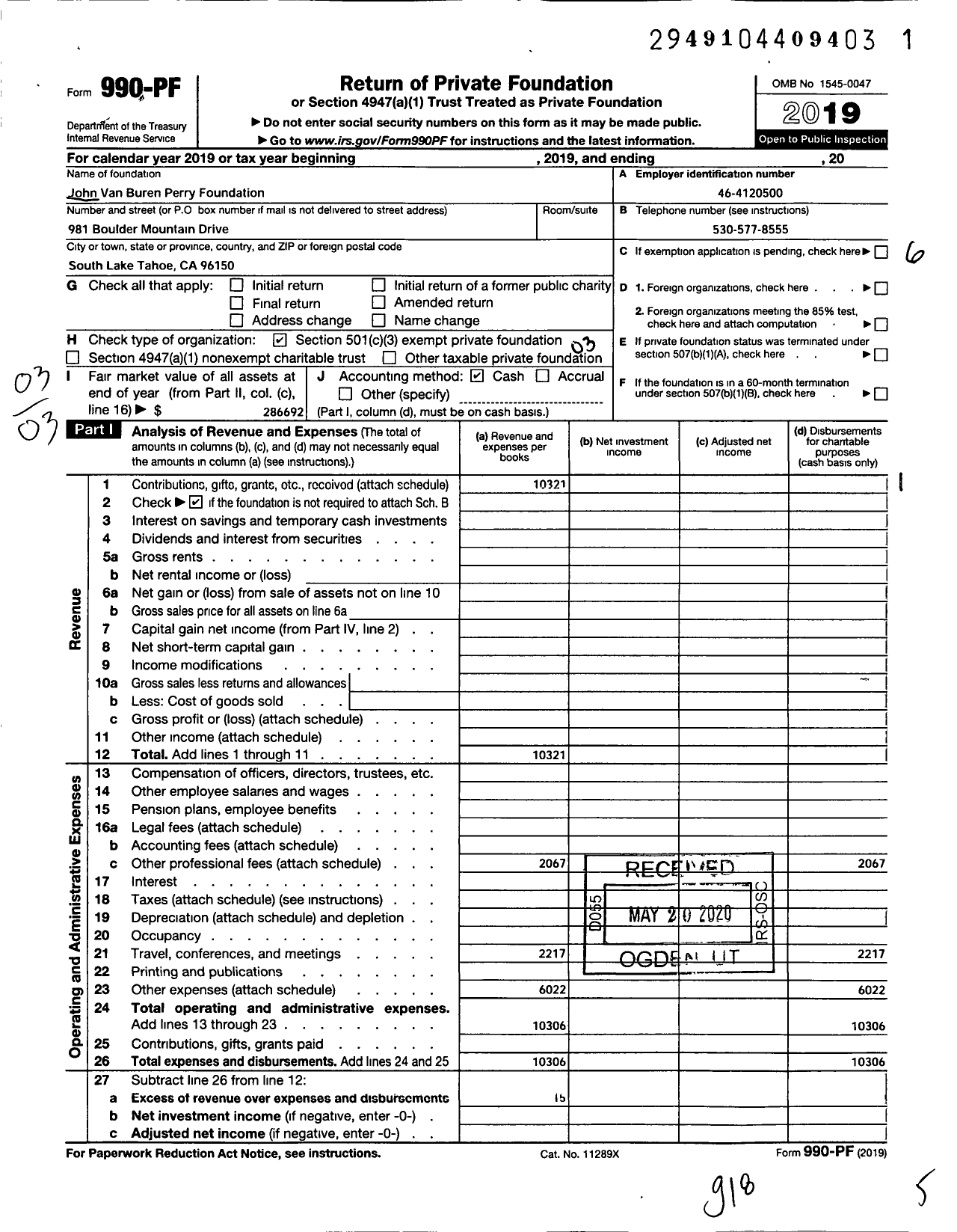 Image of first page of 2019 Form 990PF for John Van Buren Perry Foundation