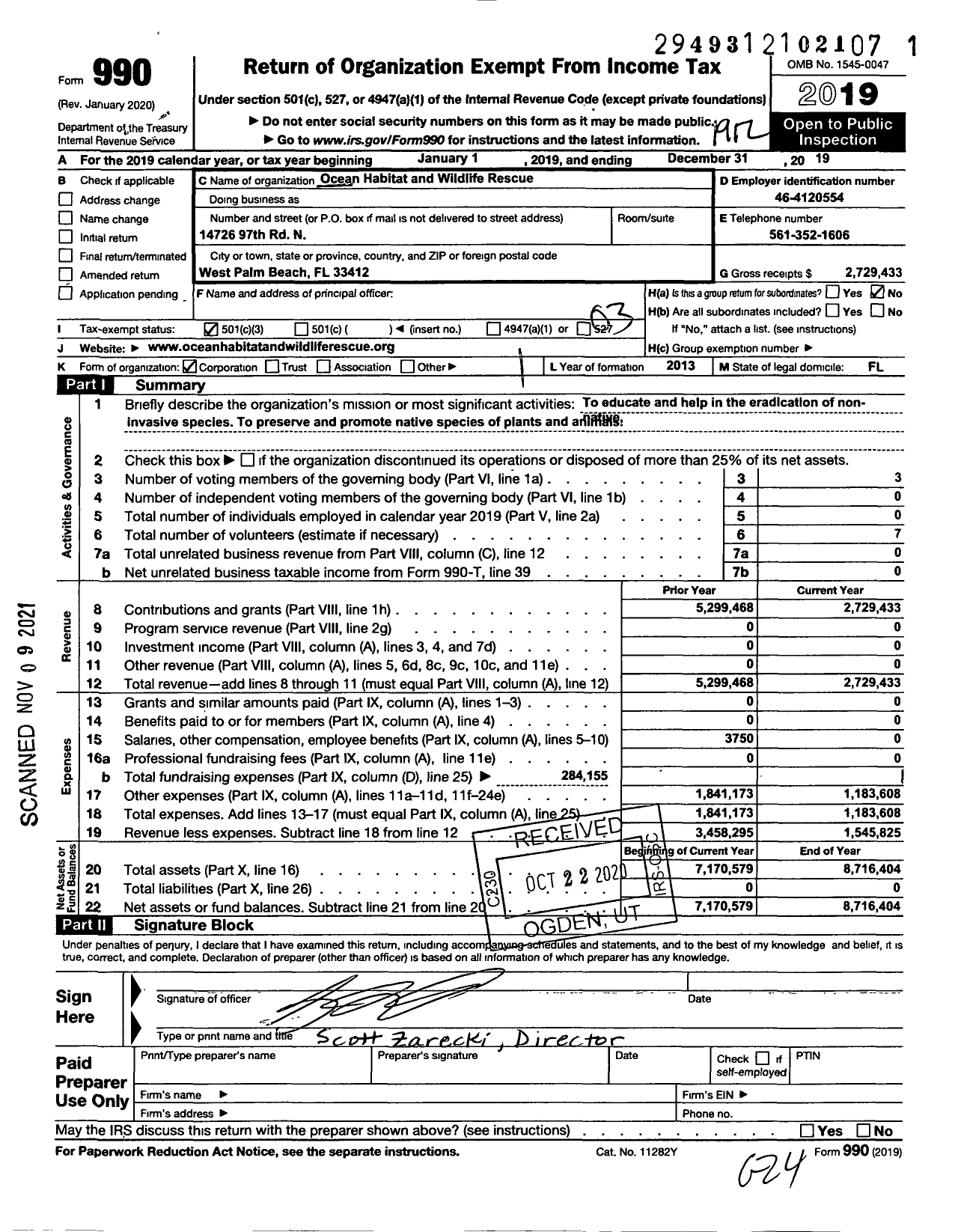 Image of first page of 2019 Form 990 for Ocean Habitat and Wildlife Rescue