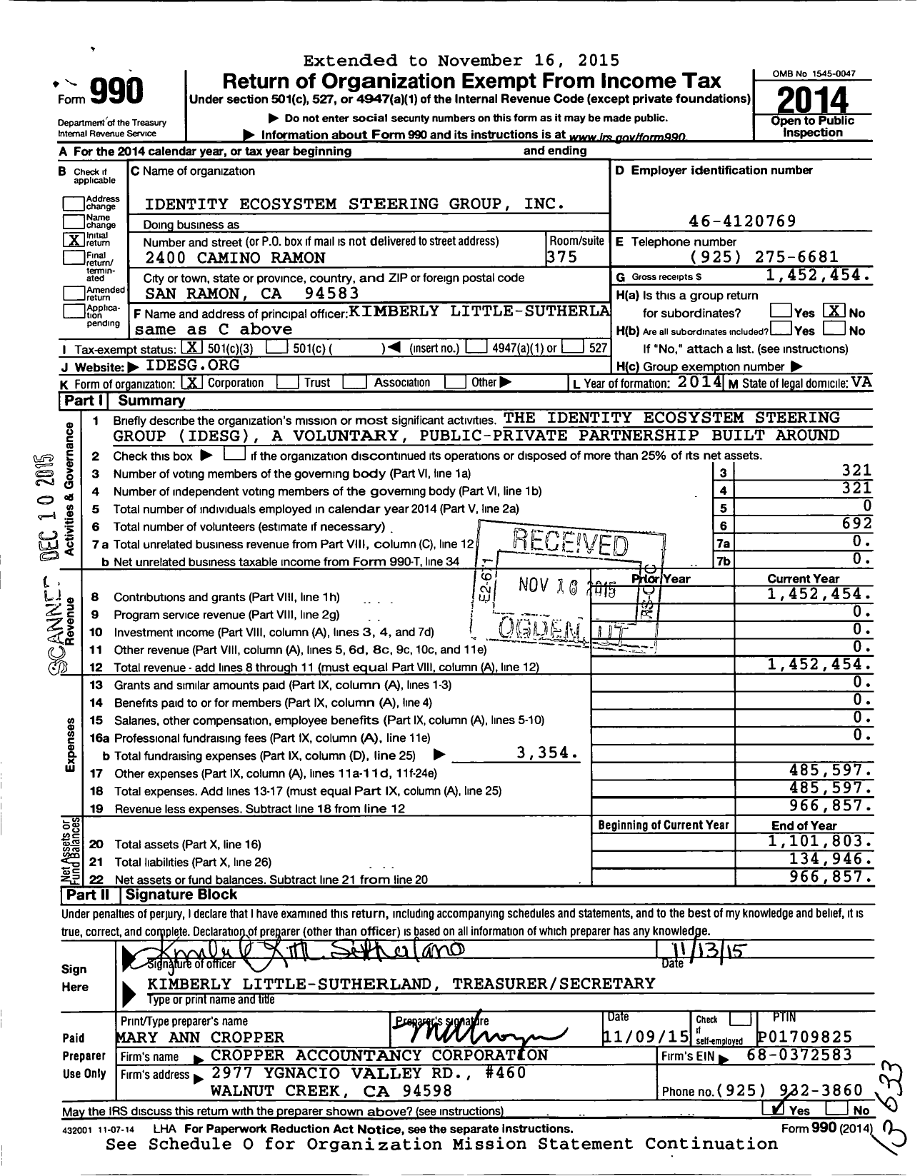 Image of first page of 2014 Form 990 for Identity Ecosystem Steering Group