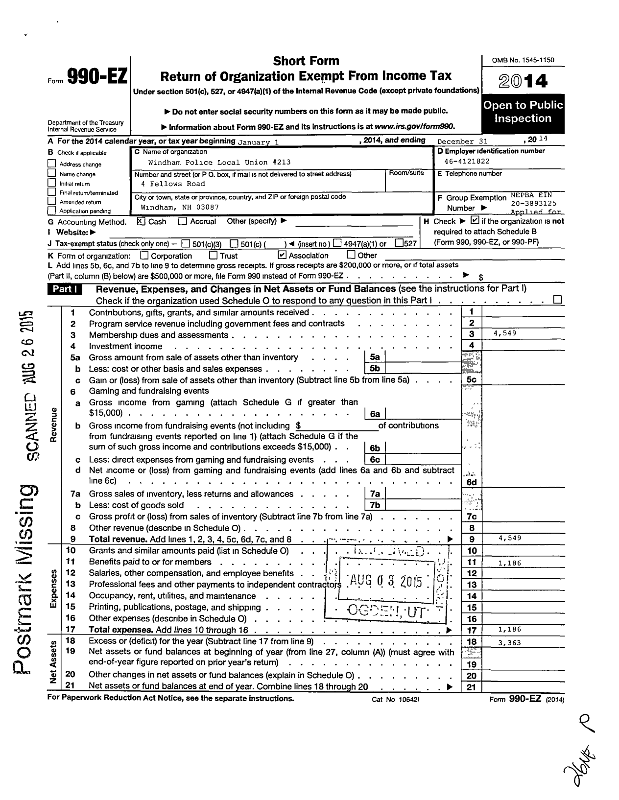 Image of first page of 2014 Form 990EO for New England Police Benevolent Association - 213 Windham Police Local Union