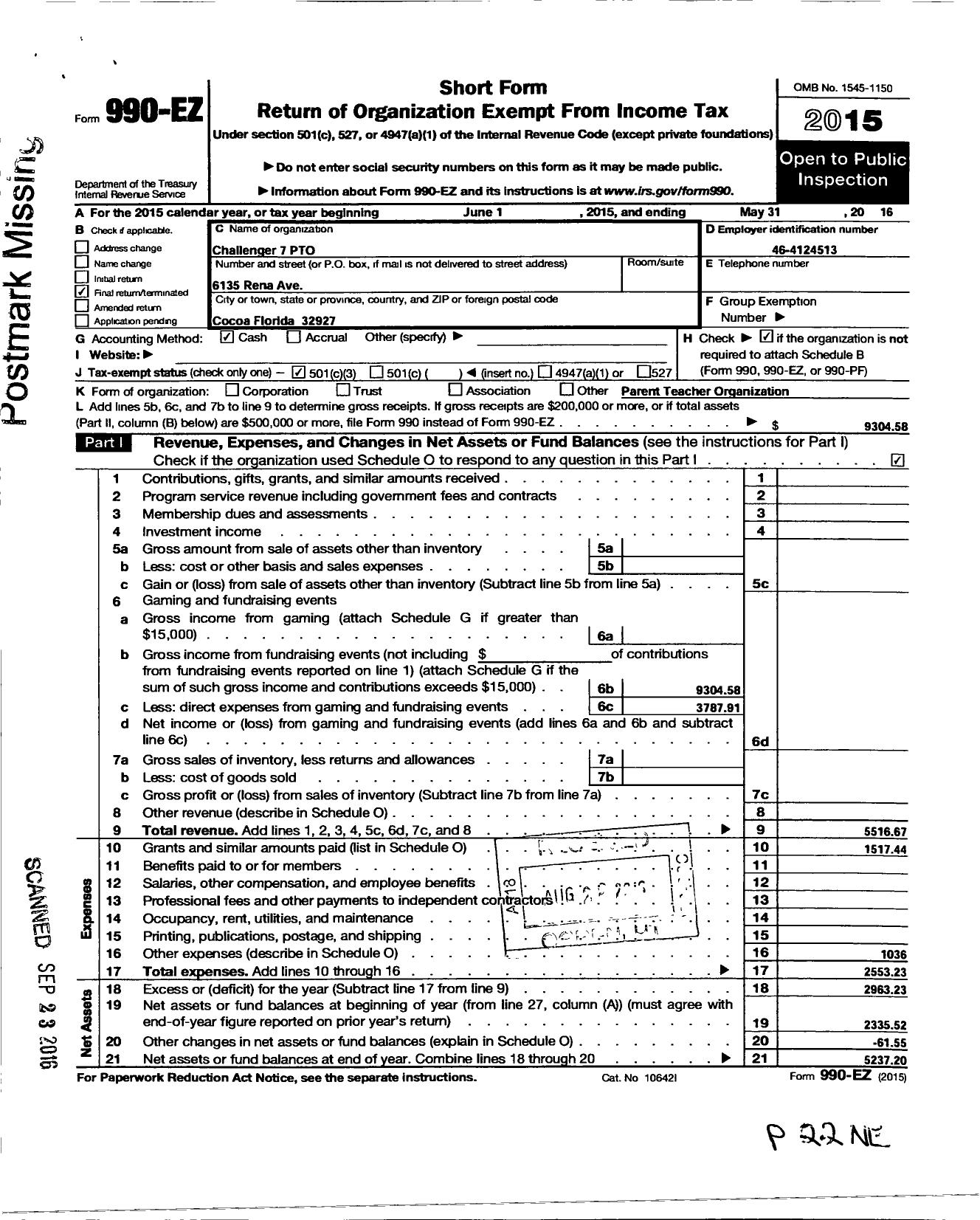 Image of first page of 2015 Form 990EZ for Pto Challenger 7