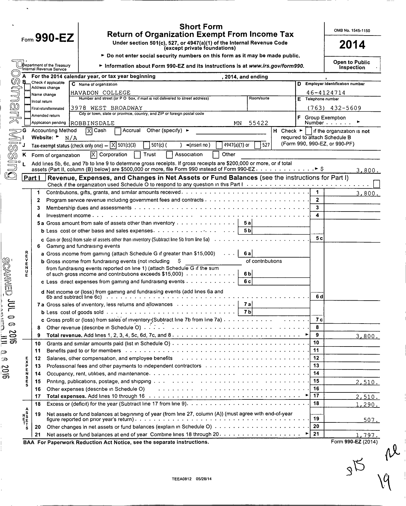 Image of first page of 2014 Form 990EZ for Havadon College