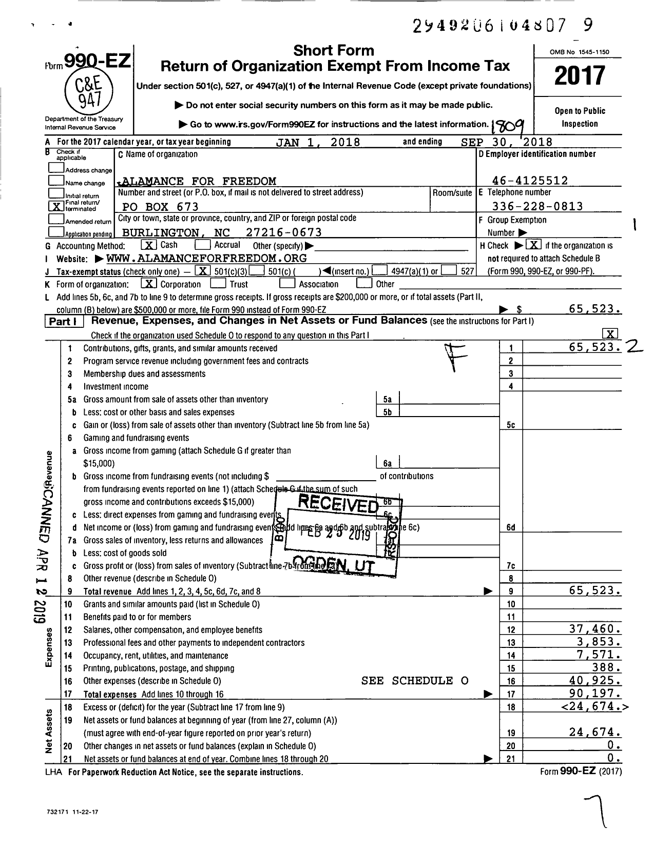 Image of first page of 2017 Form 990EZ for Alamance for Freedom