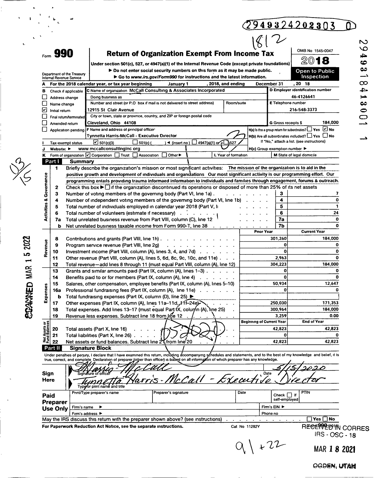 Image of first page of 2018 Form 990 for Mccall Consulting and Associates