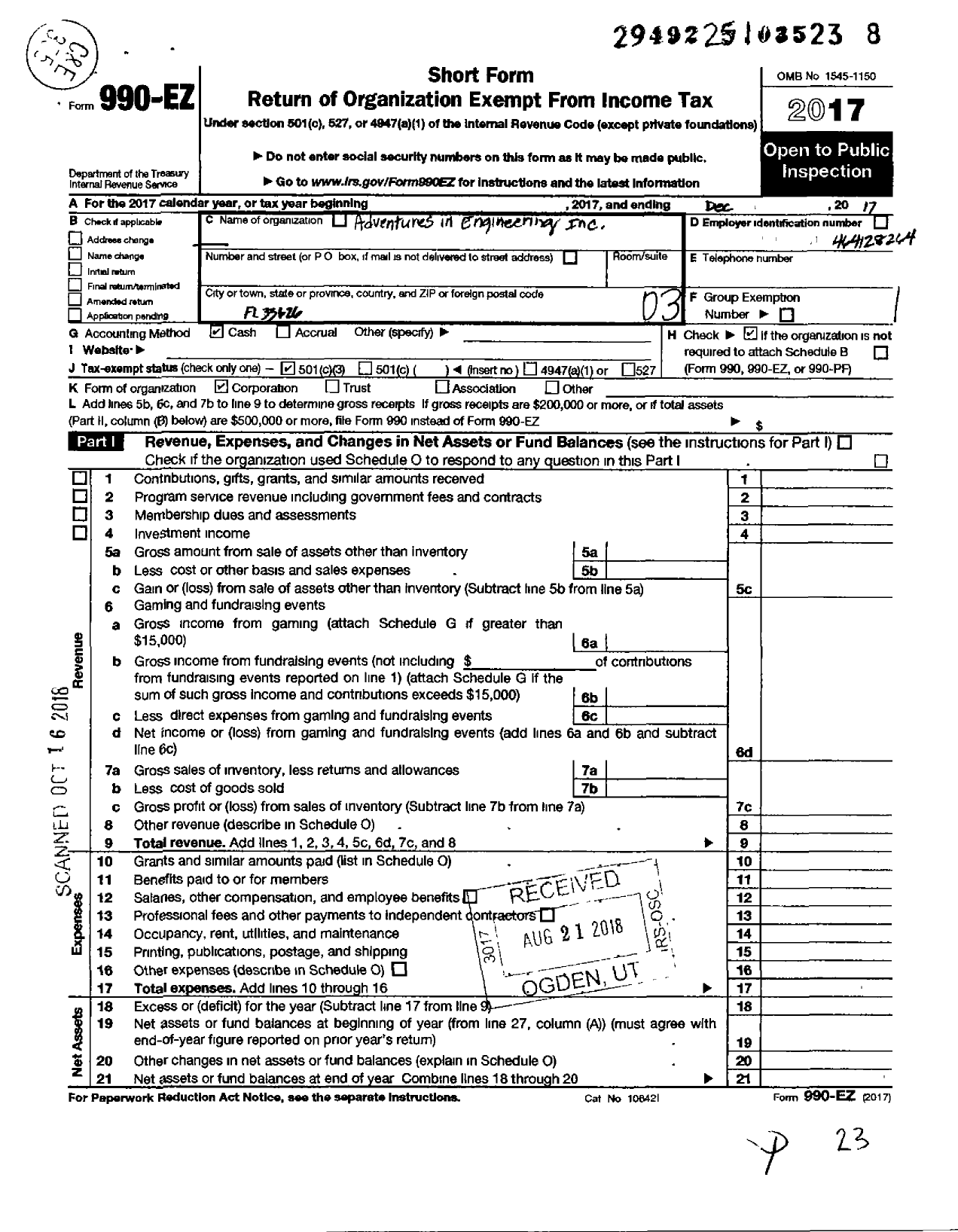 Image of first page of 2017 Form 990EZ for Adventures in Engineering