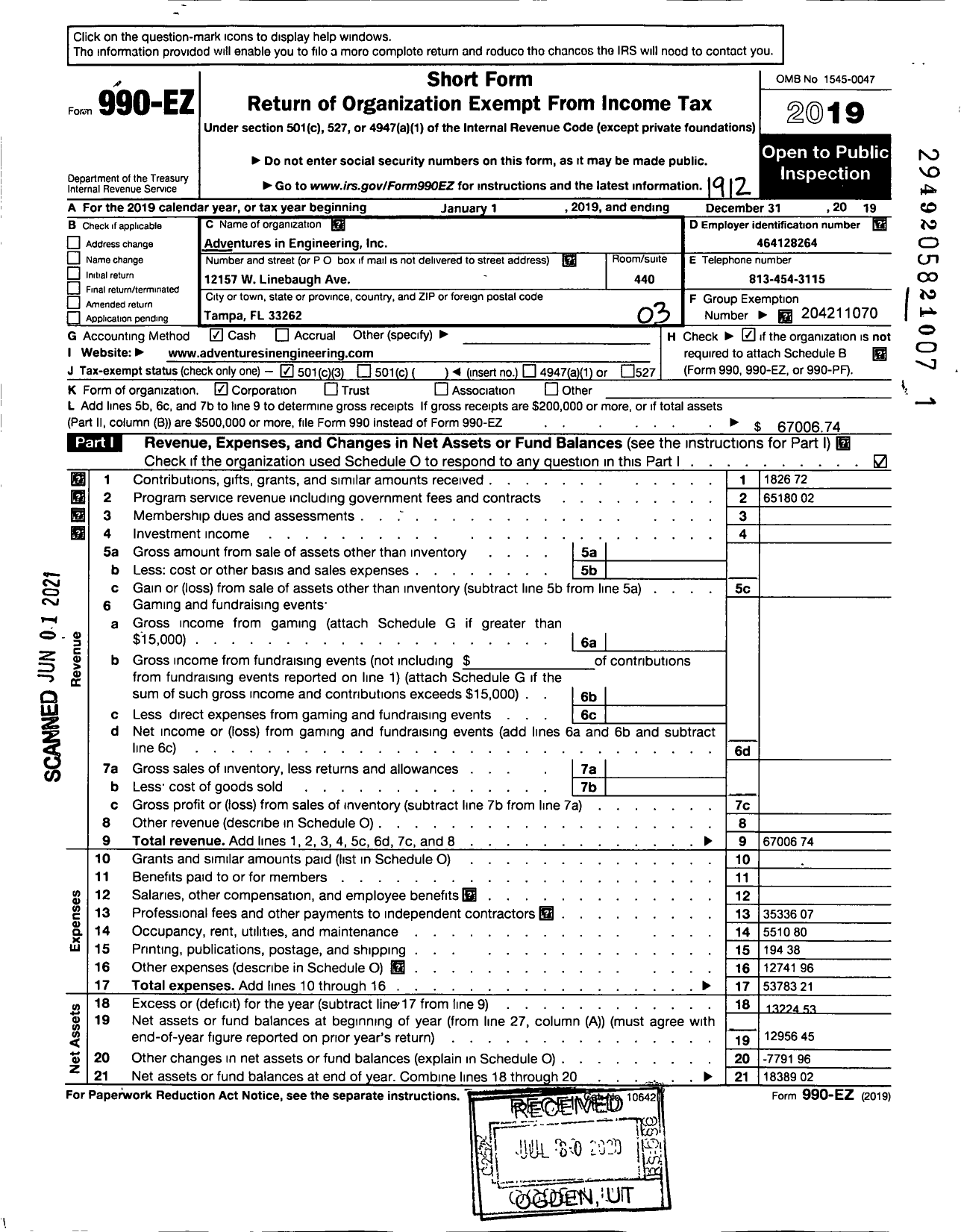 Image of first page of 2019 Form 990EZ for Adventures in Engineering