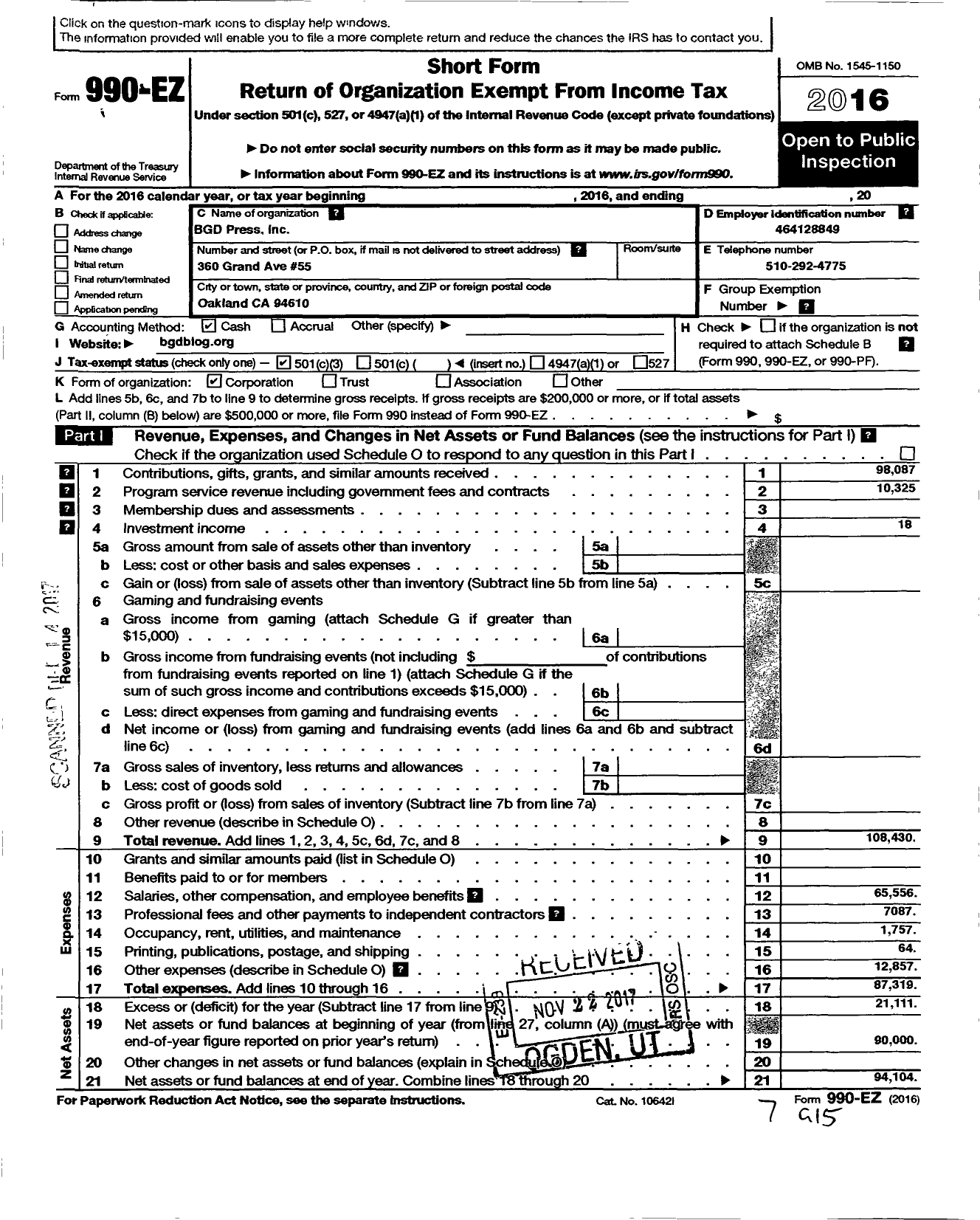 Image of first page of 2016 Form 990EZ for BGD Press