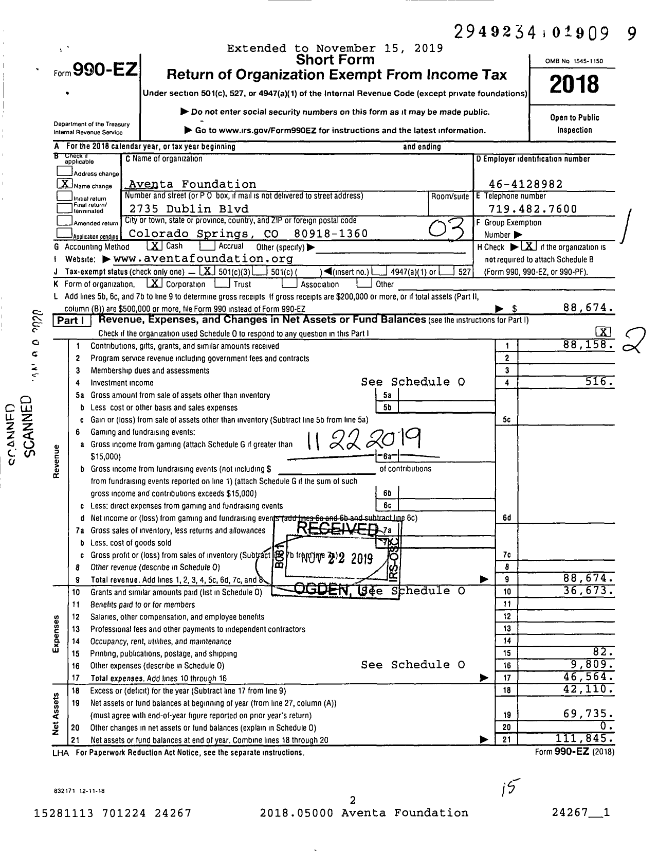 Image of first page of 2018 Form 990EZ for Aventa Foundation