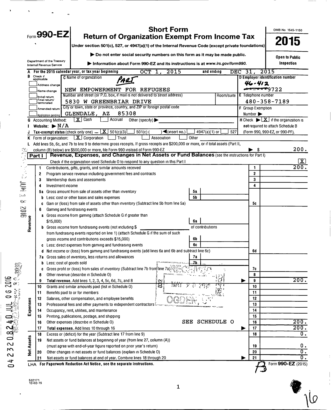 Image of first page of 2015 Form 990EZ for New Empowerment for Refugees