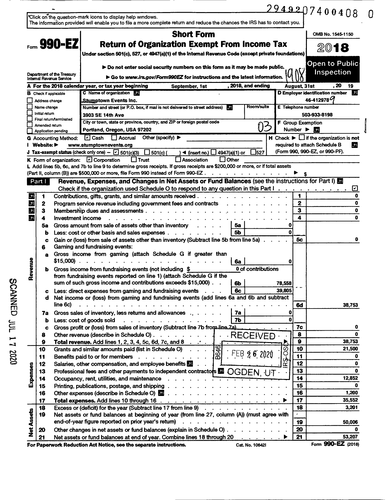 Image of first page of 2018 Form 990EZ for Stumptown Events