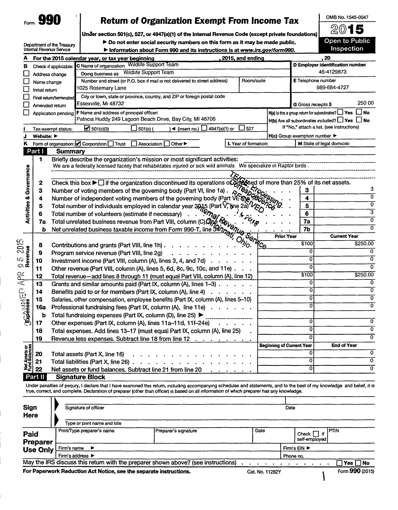 Image of first page of 2015 Form 990 for Wildlife Support Team