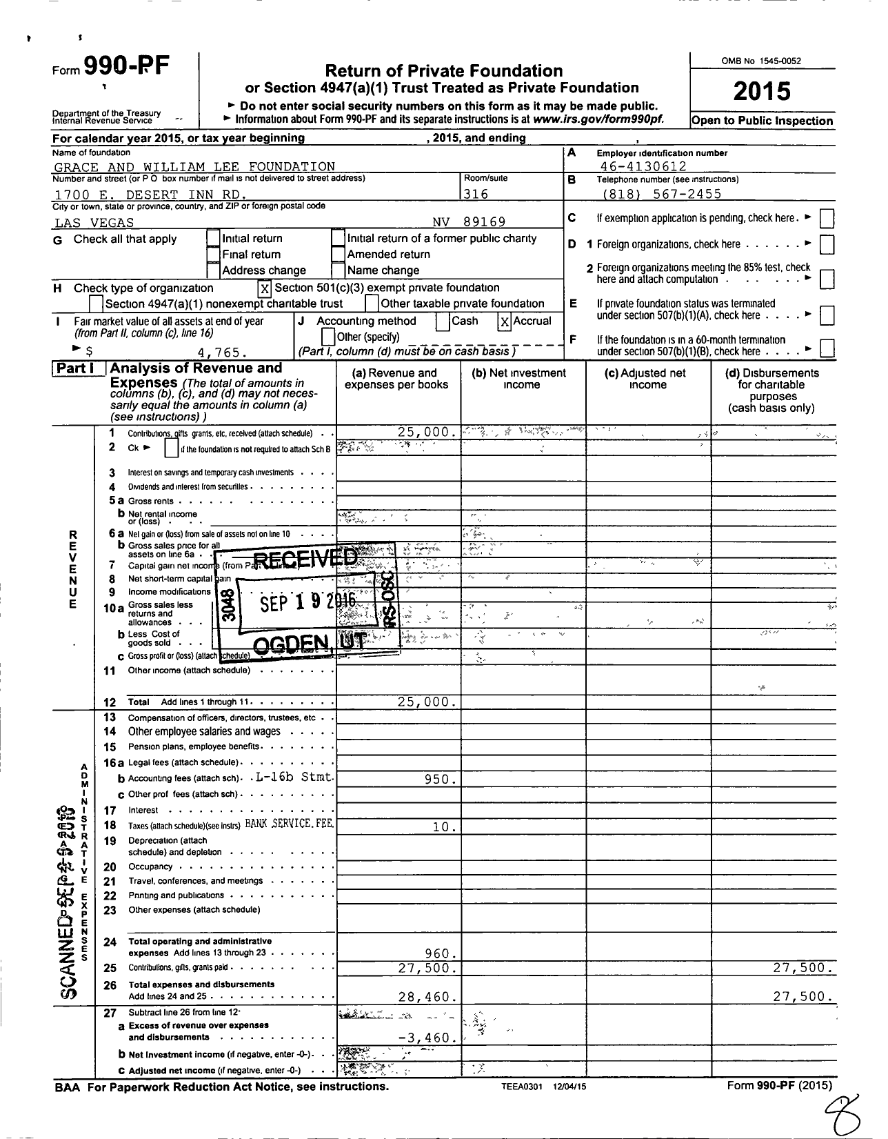 Image of first page of 2015 Form 990PF for Grace and William Lee Foundation