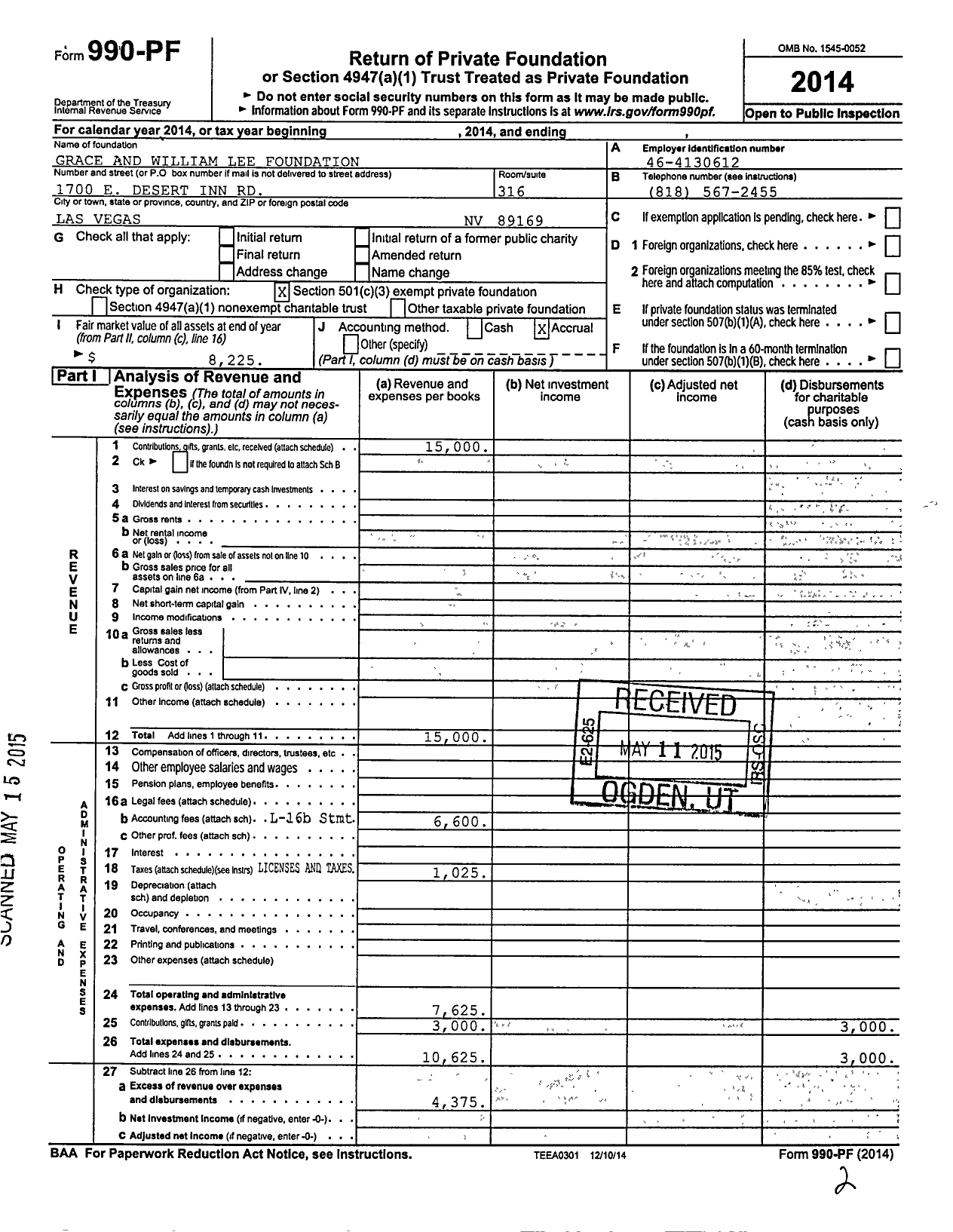 Image of first page of 2014 Form 990PF for Grace and William Lee Foundation