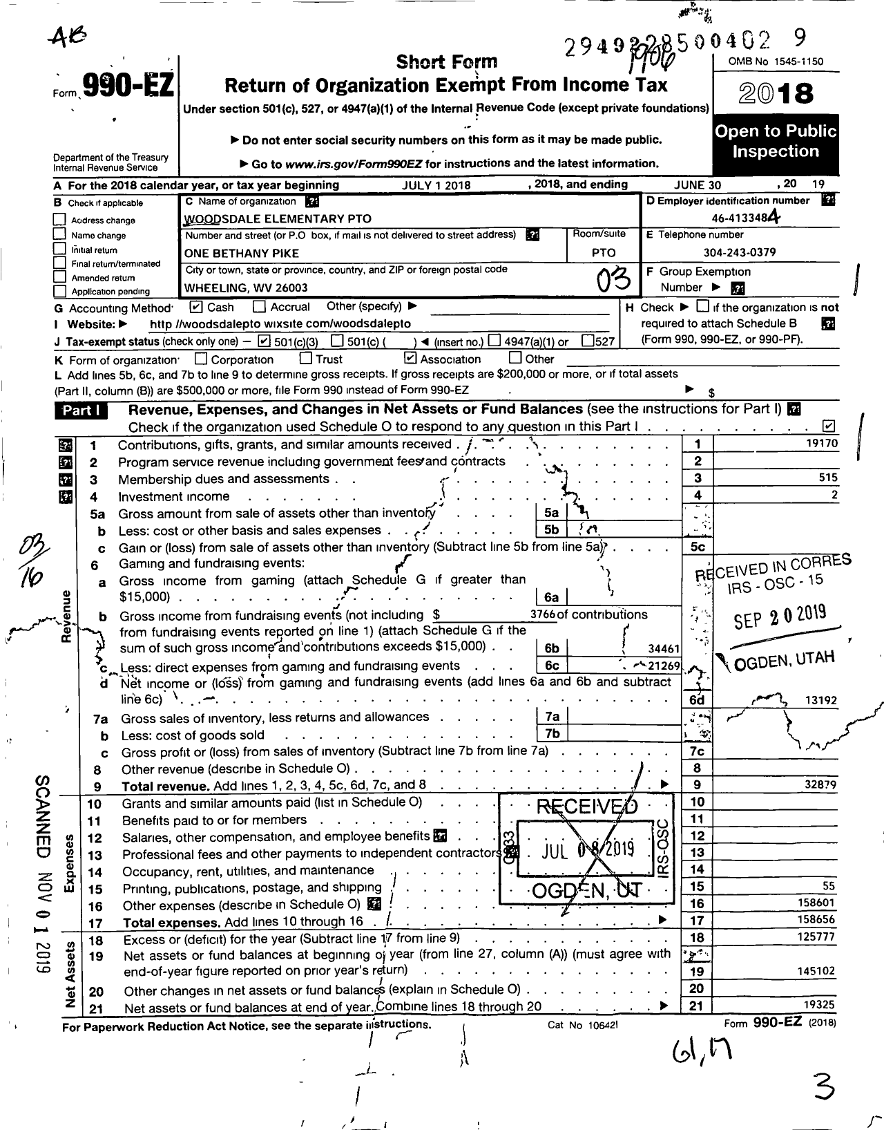 Image of first page of 2018 Form 990EZ for Woodsdale Elementary Pto