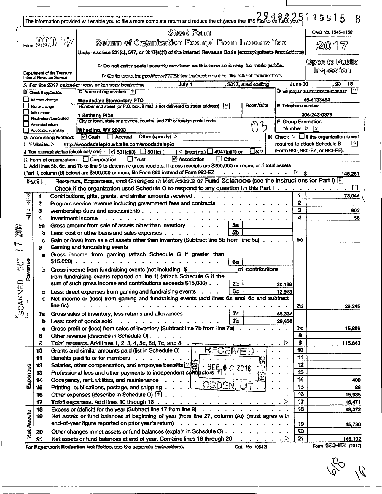Image of first page of 2017 Form 990EZ for Woodsdale Elementary Pto