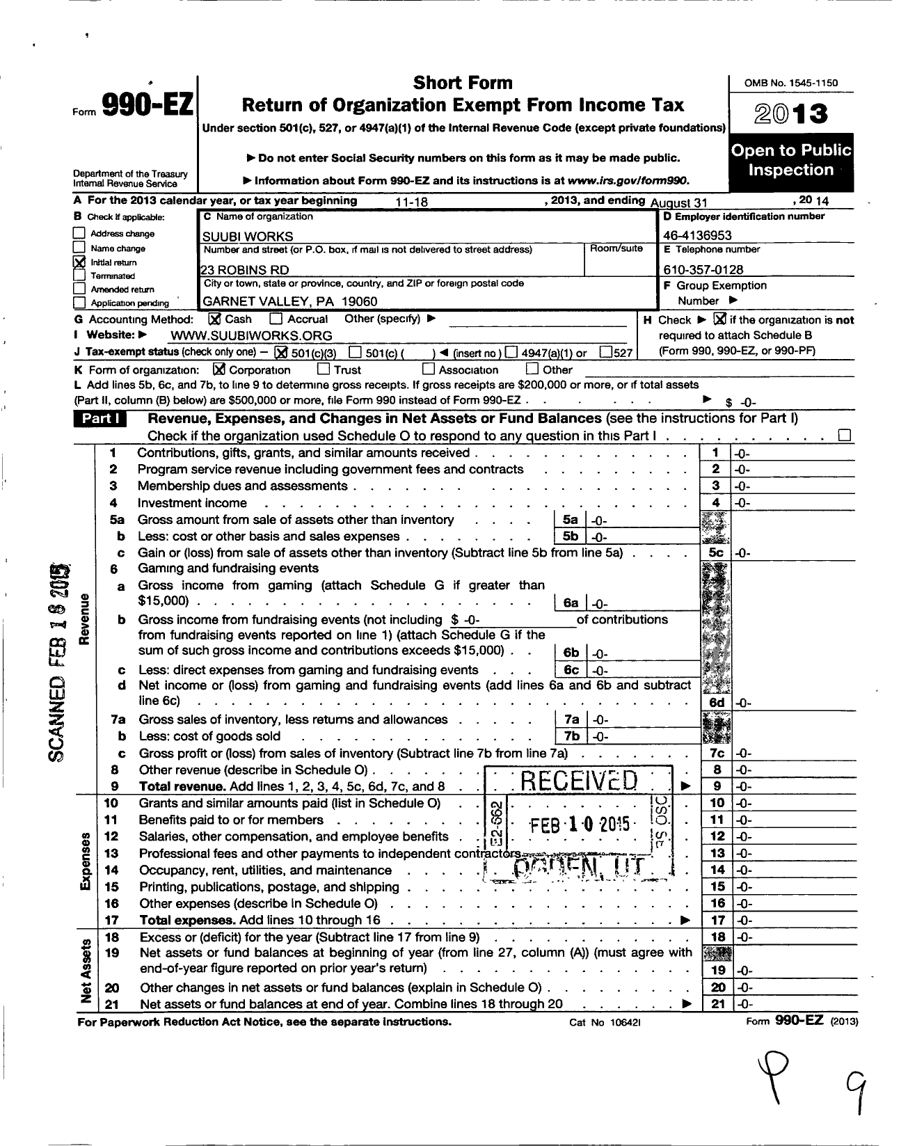 Image of first page of 2013 Form 990EZ for Suubi Works