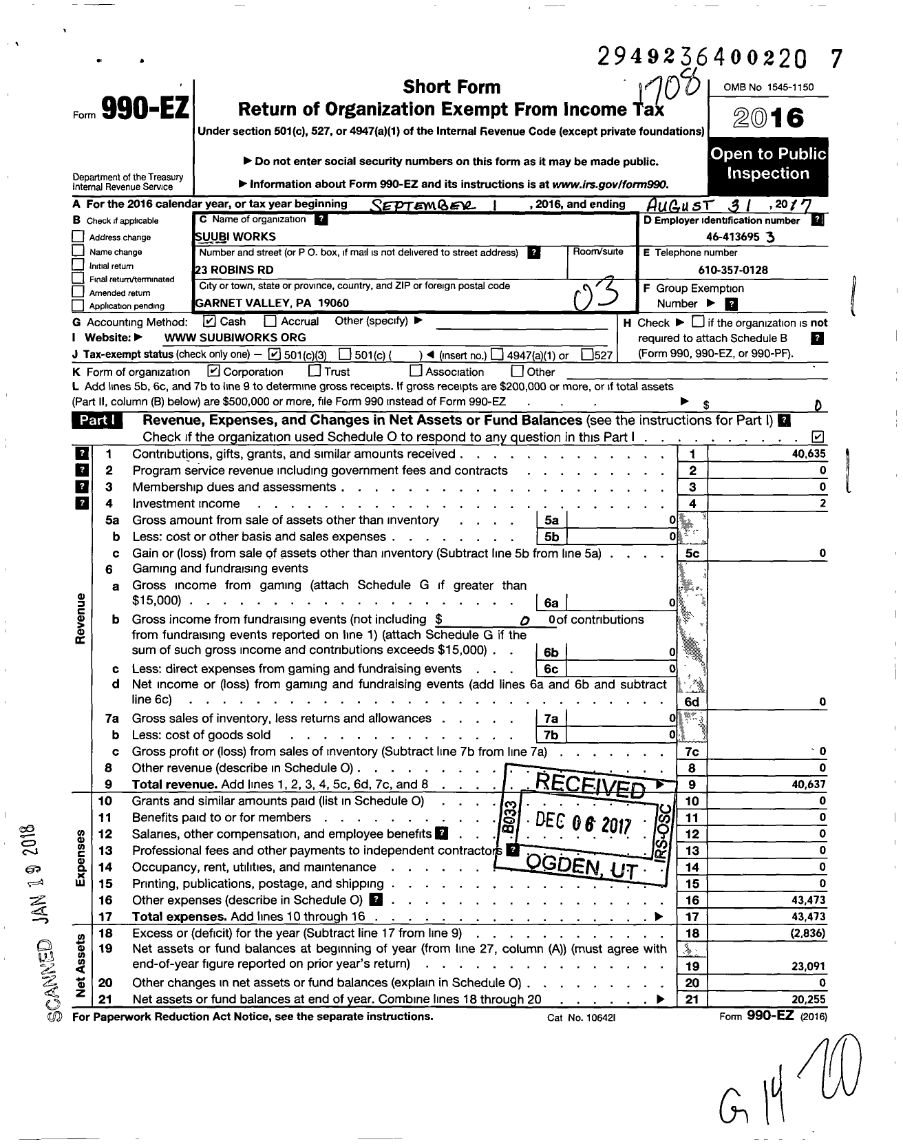 Image of first page of 2016 Form 990EZ for Suubi Works