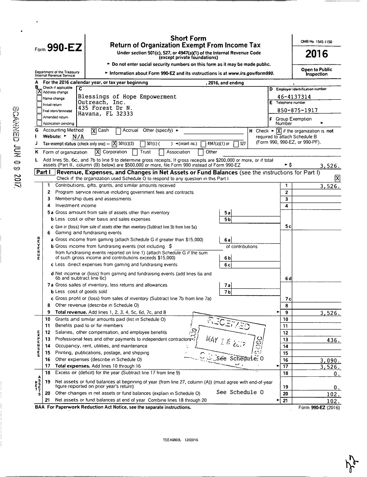 Image of first page of 2016 Form 990EZ for Blessings of Hope Empowerment Outreach