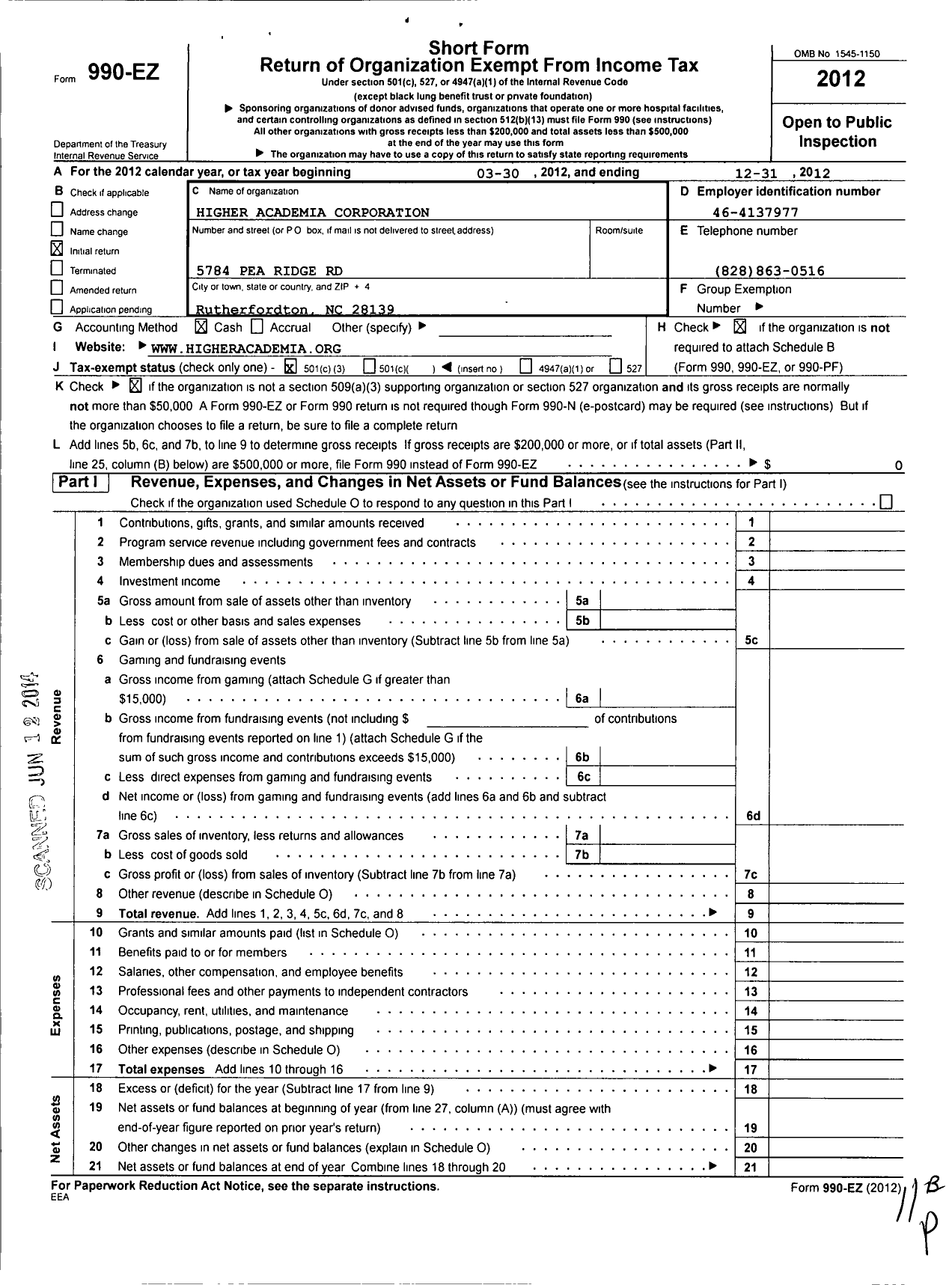 Image of first page of 2012 Form 990EZ for Higher Academia Corporation