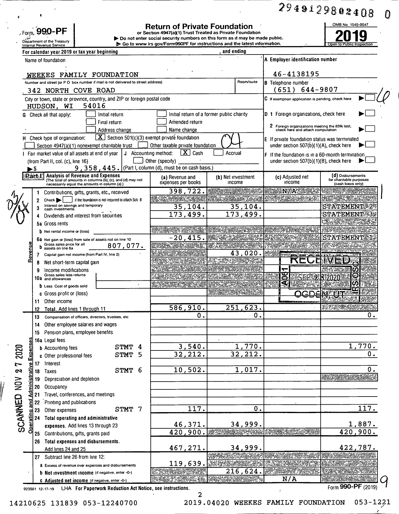 Image of first page of 2019 Form 990PF for Weekes Family Foundation