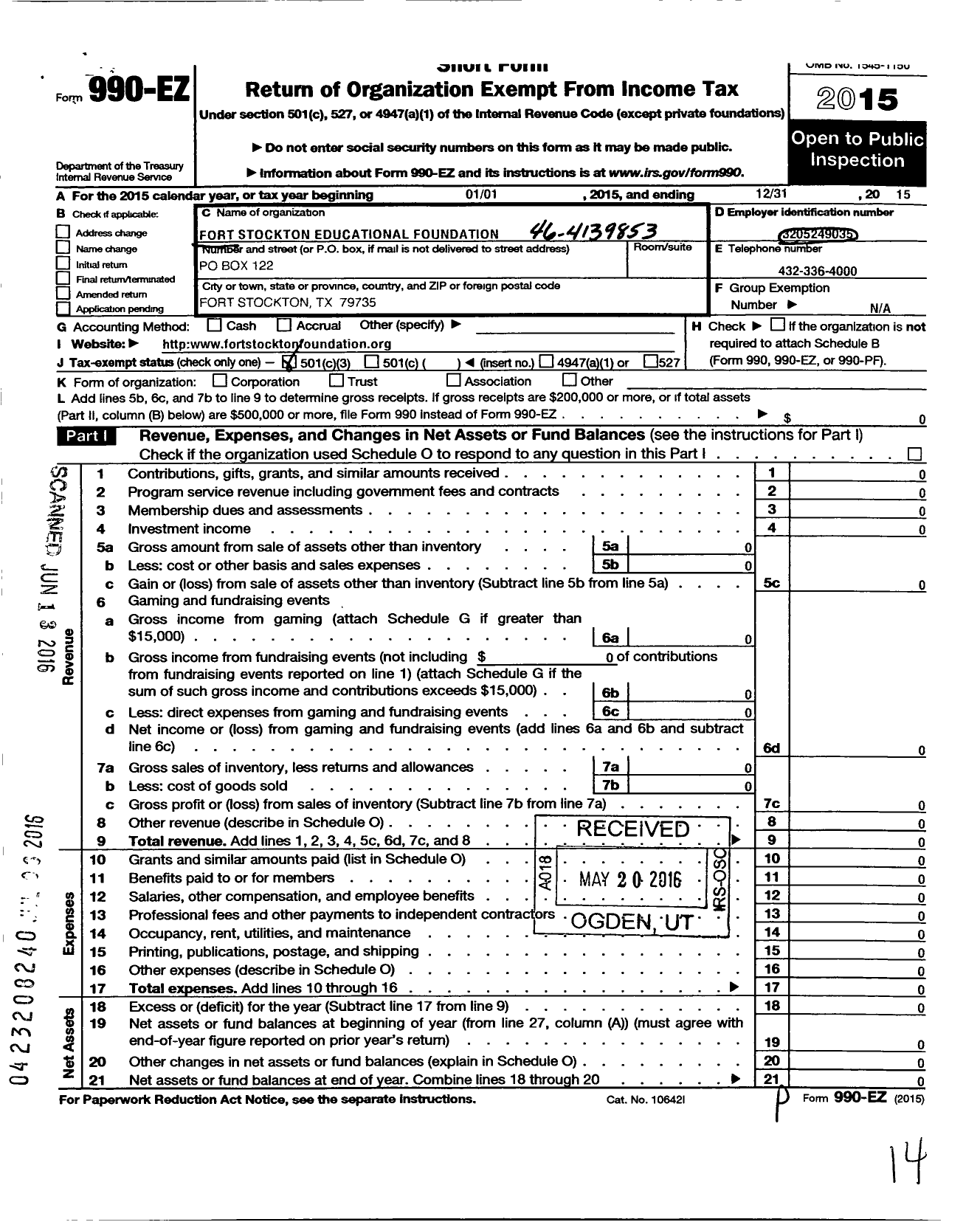 Image of first page of 2015 Form 990EZ for Fort Stockton Educational Foundation