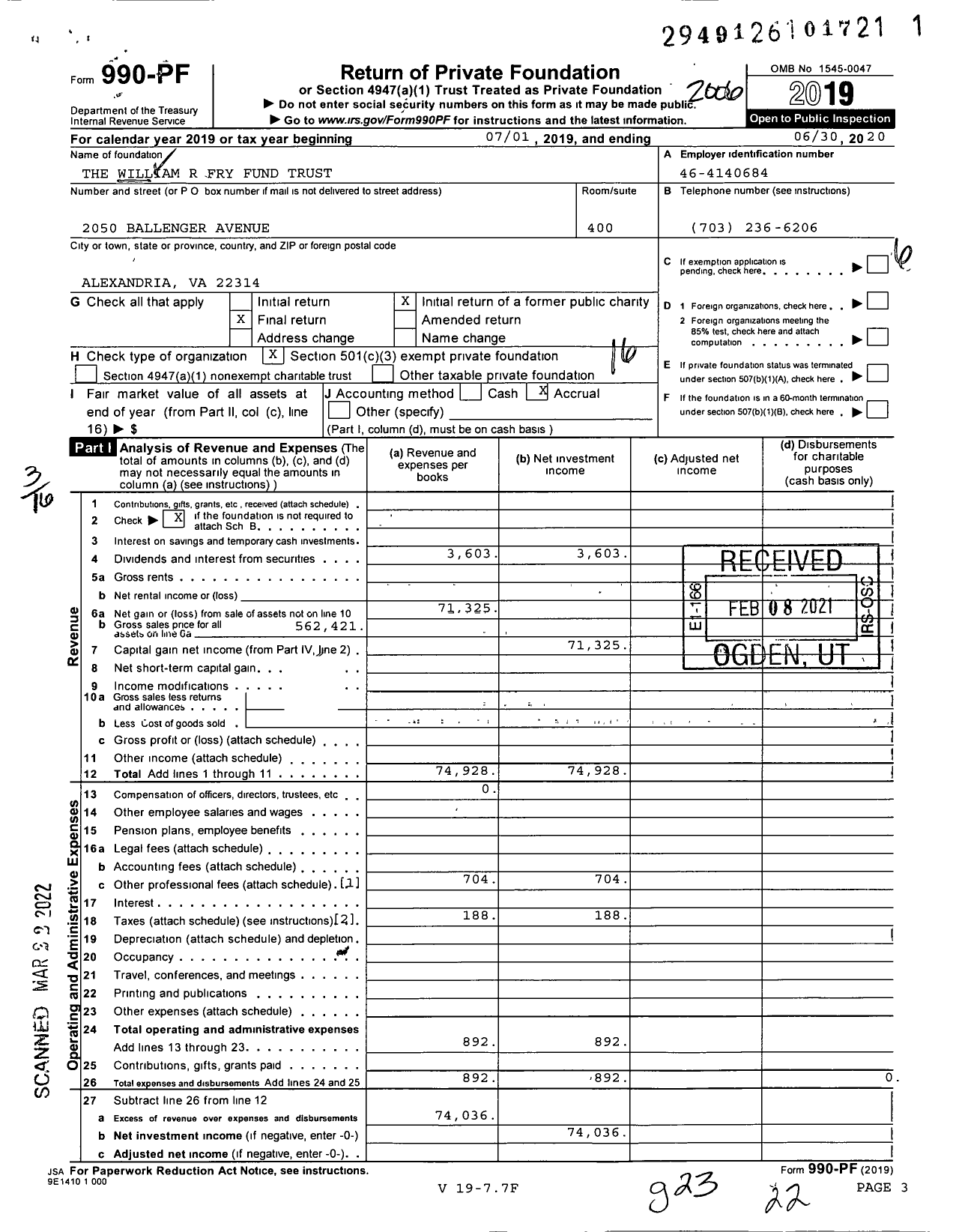 Image of first page of 2019 Form 990PF for The William R Fry Fund Trust