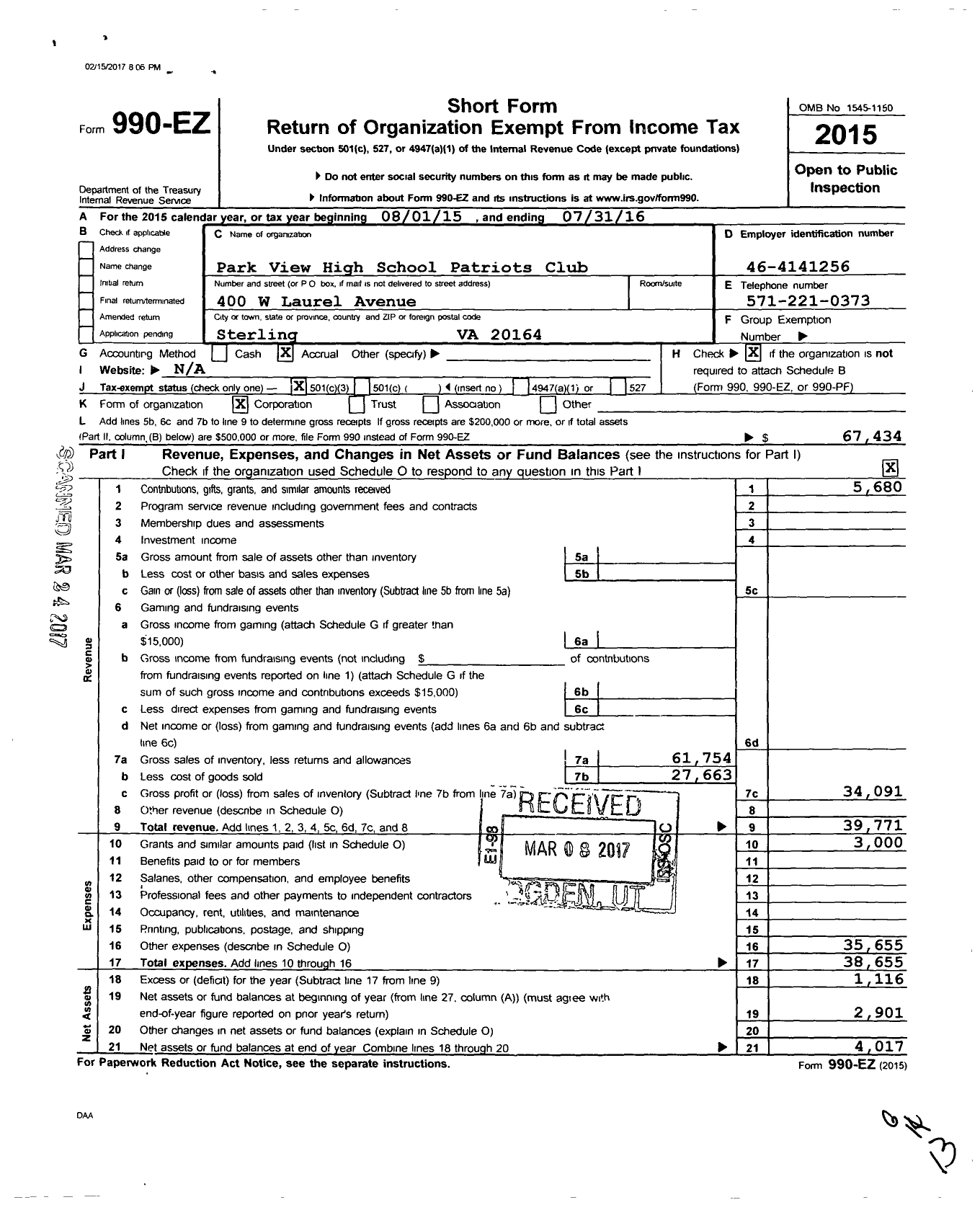 Image of first page of 2015 Form 990EZ for Parent Booster USA / Park View High School Patriots Club