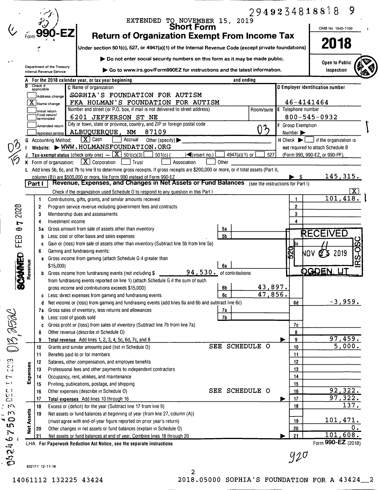 Image of first page of 2018 Form 990EZ for Sophias Foundation for Autism