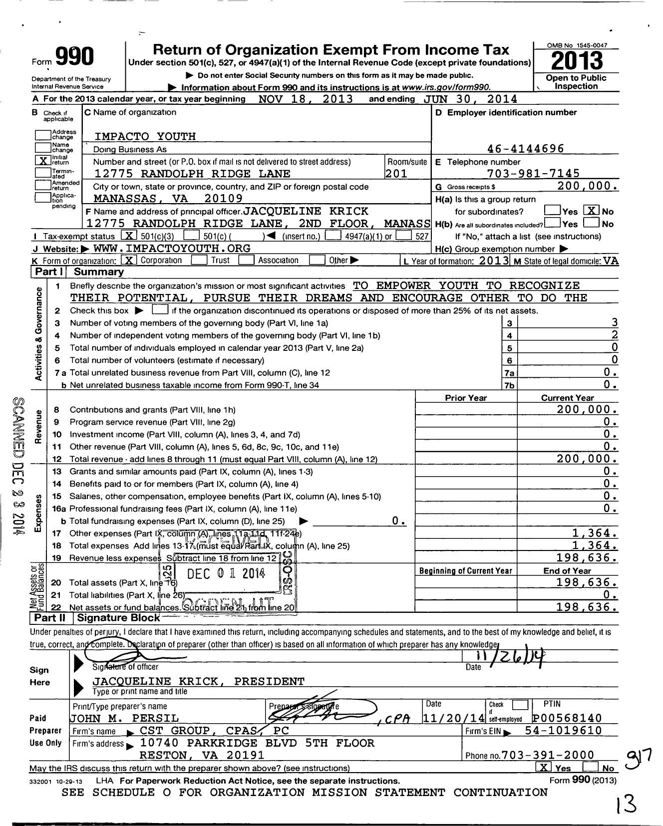 Image of first page of 2013 Form 990 for Impacto Youth