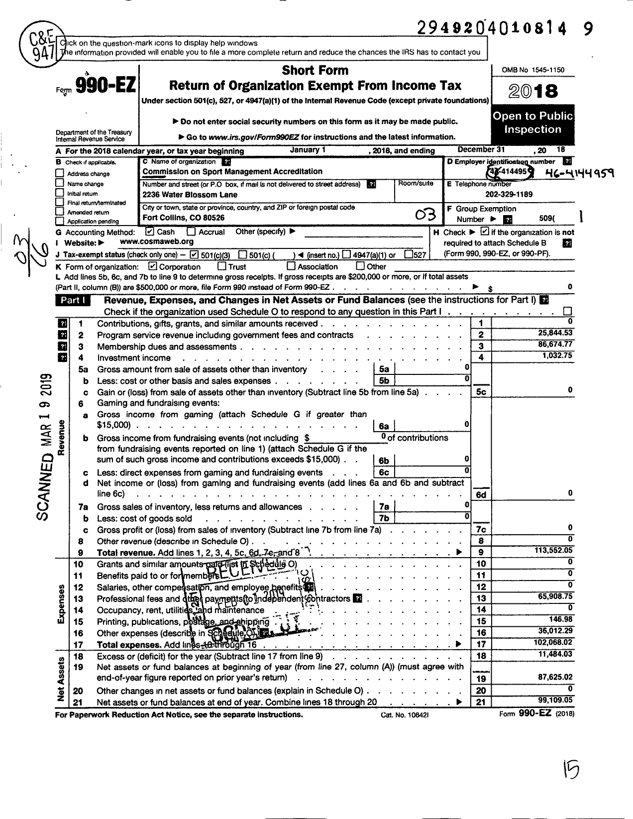 Image of first page of 2018 Form 990EZ for Commission on Sport Management Accreditation (COSMA)