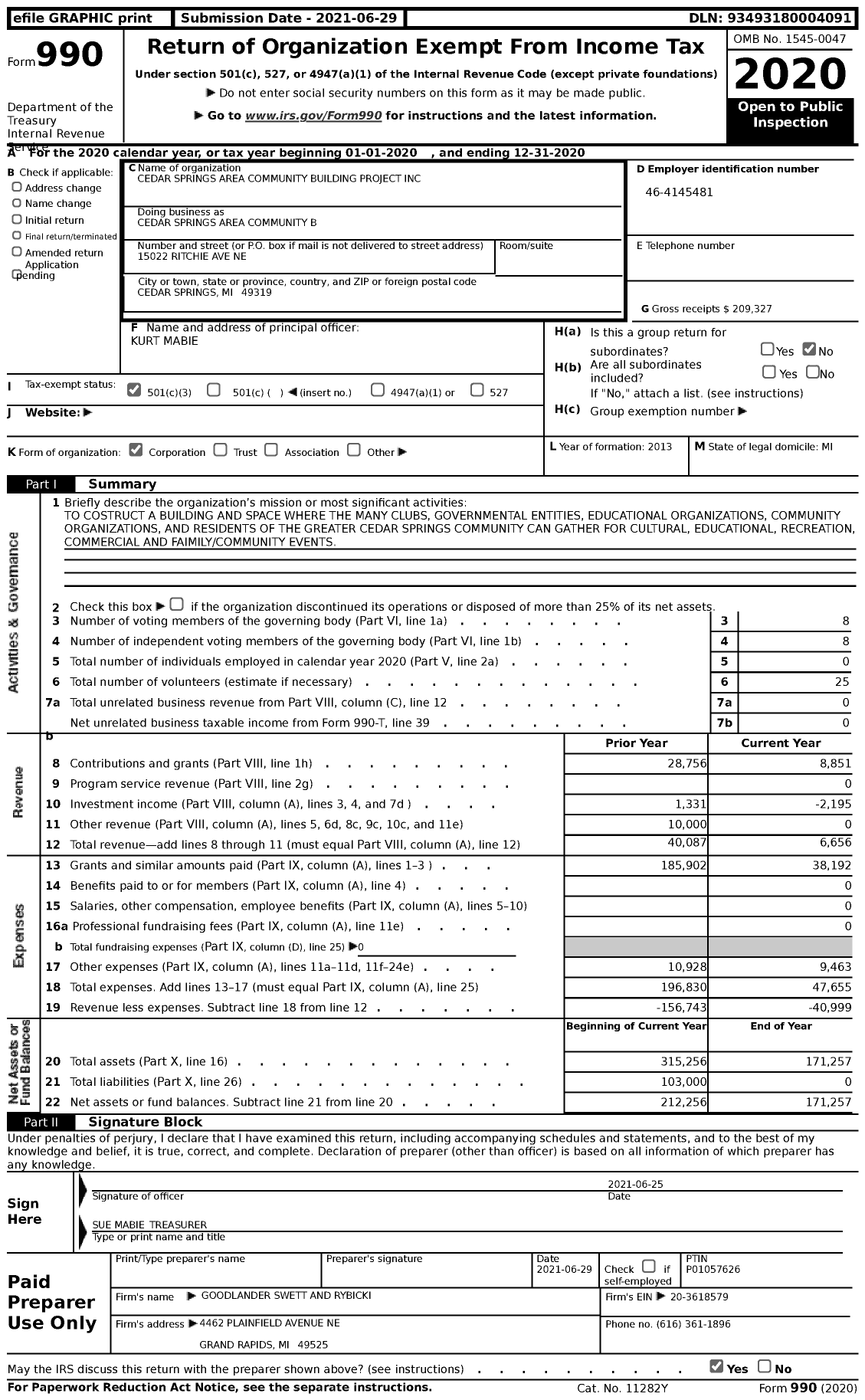 Image of first page of 2020 Form 990 for Cedar Springs Area Community Building