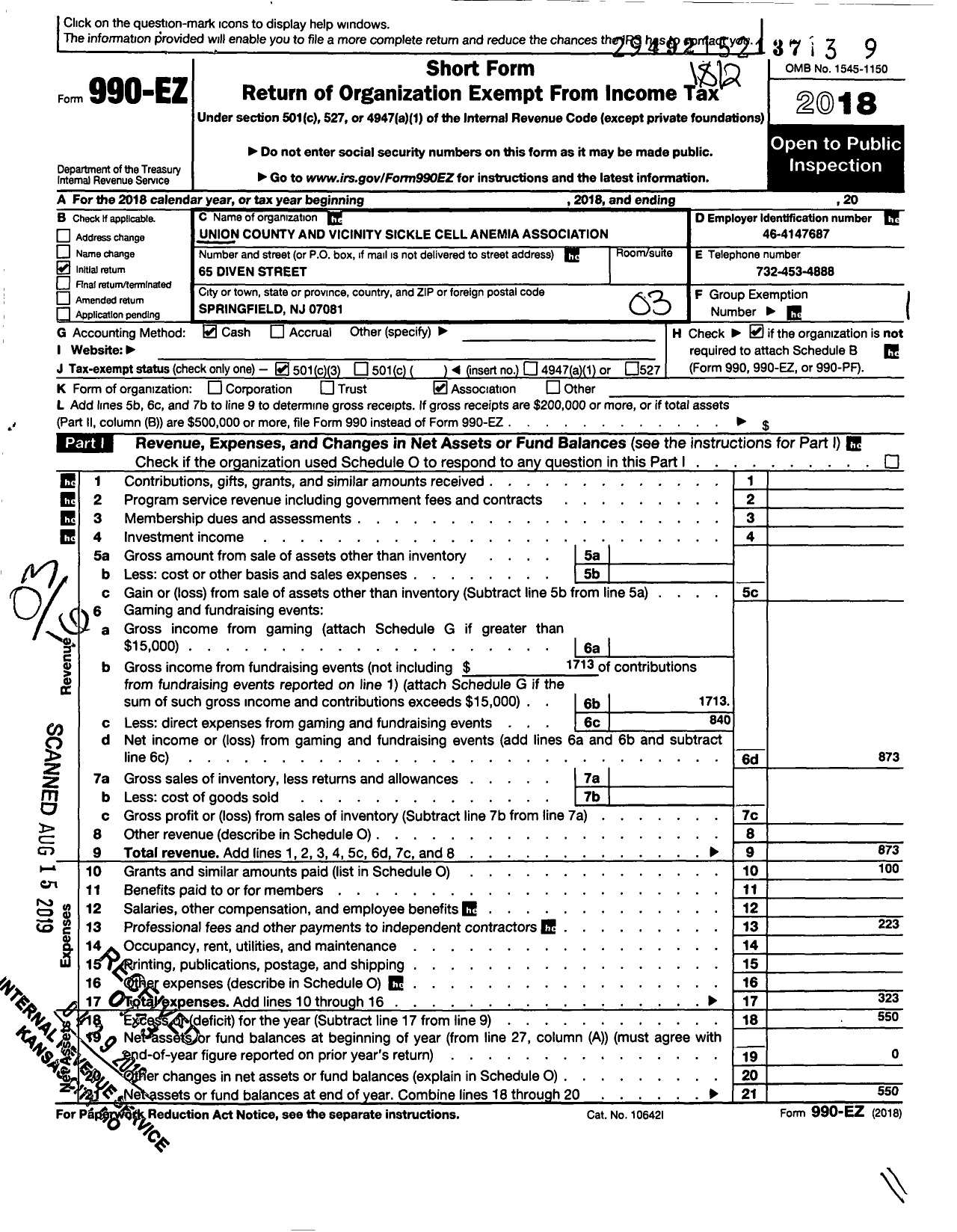 Image of first page of 2018 Form 990EZ for Union Country and Vicinity Sickle Cellanemia Association