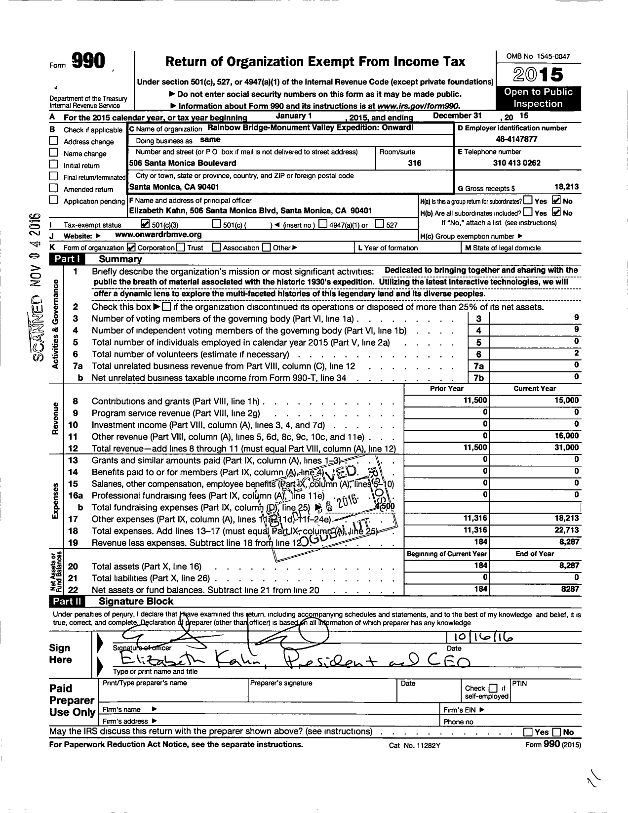 Image of first page of 2015 Form 990 for Rainbow Bridge Monument Valley Expedition - Onward