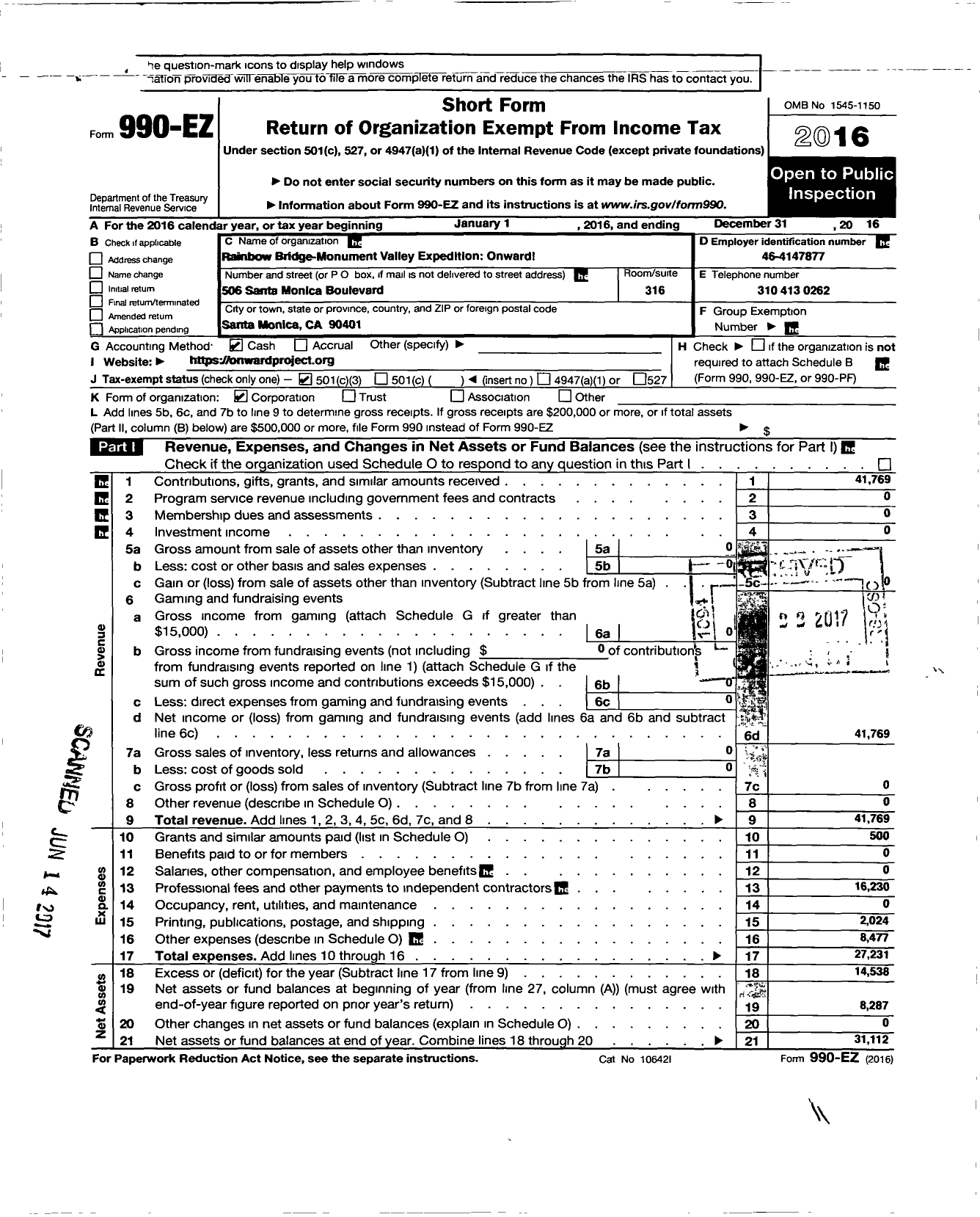 Image of first page of 2016 Form 990EZ for Rainbow Bridge Monument Valley Expedition - Onward