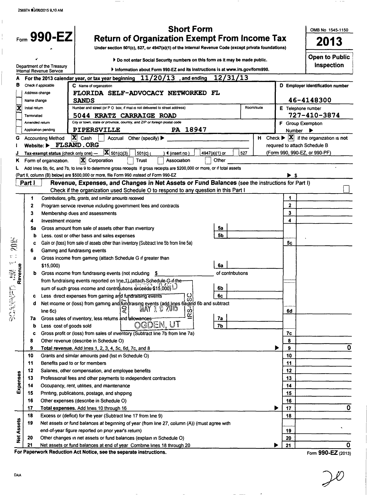 Image of first page of 2013 Form 990EZ for Florida Self-Advocacy Networked