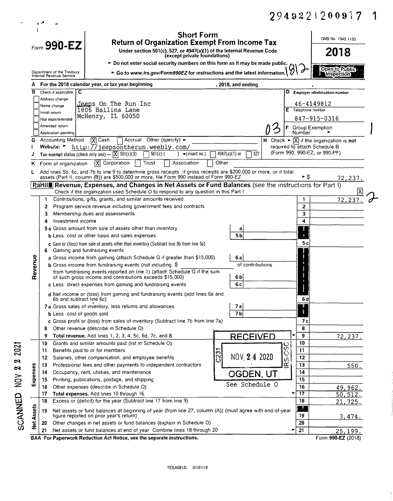 Image of first page of 2018 Form 990EZ for Jeeps on the Run