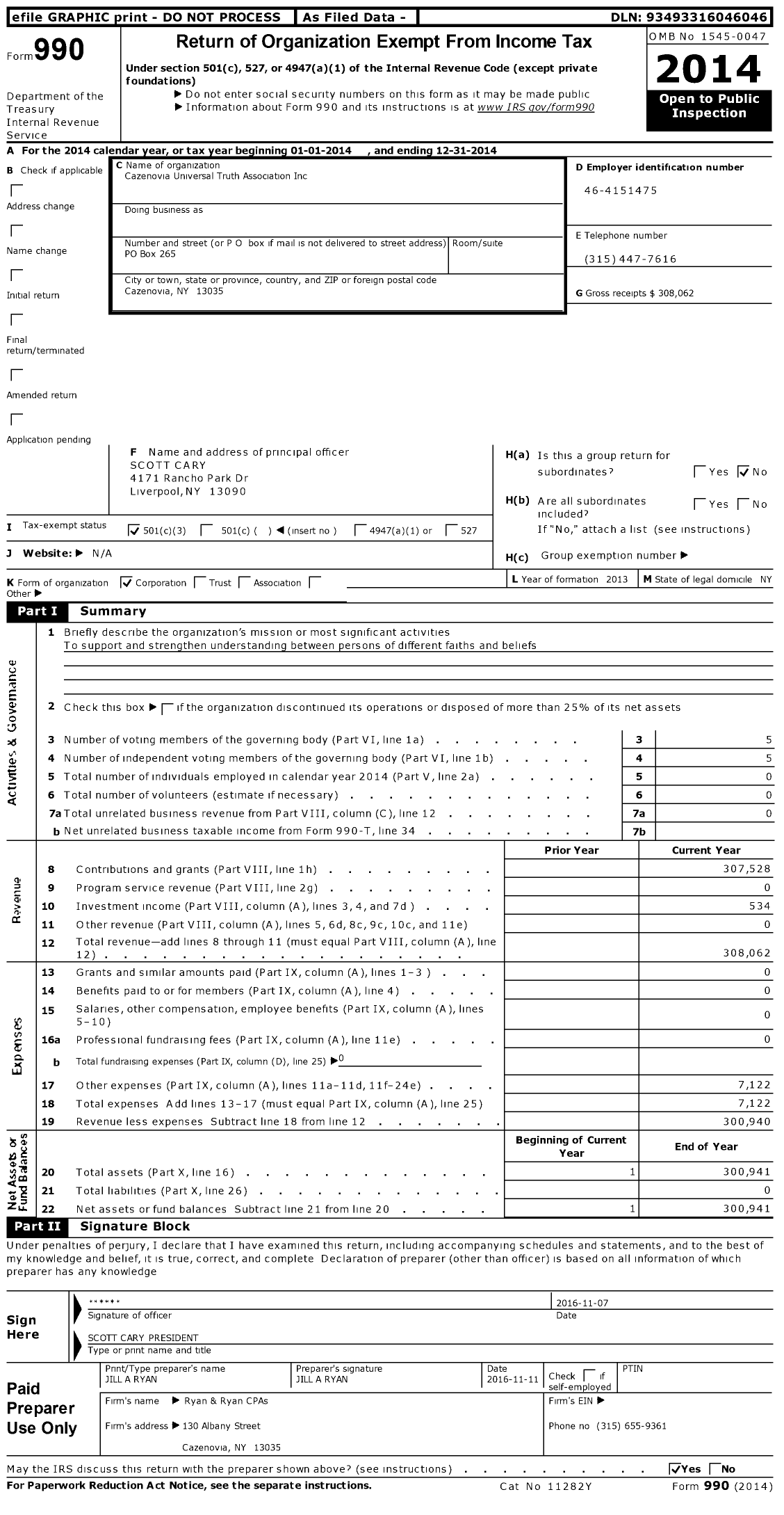 Image of first page of 2014 Form 990 for Cazenovia Universal Truth Association