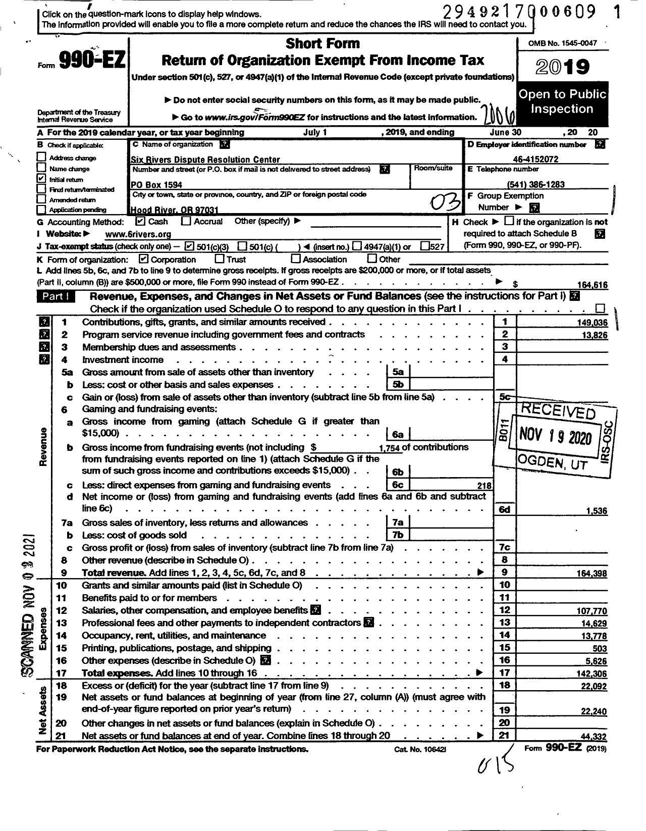 Image of first page of 2019 Form 990EZ for Six Rivers Dispute Resolution Center
