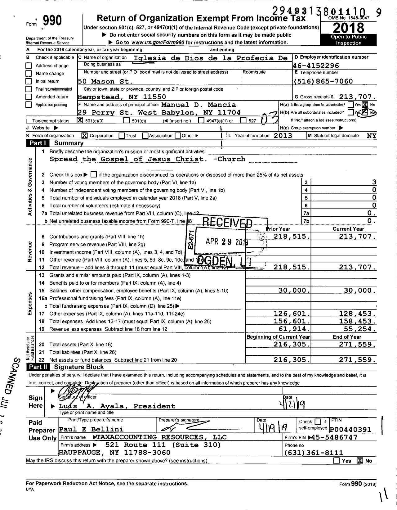 Image of first page of 2018 Form 990 for Iglesia de Dios de la Profecia De Amityville