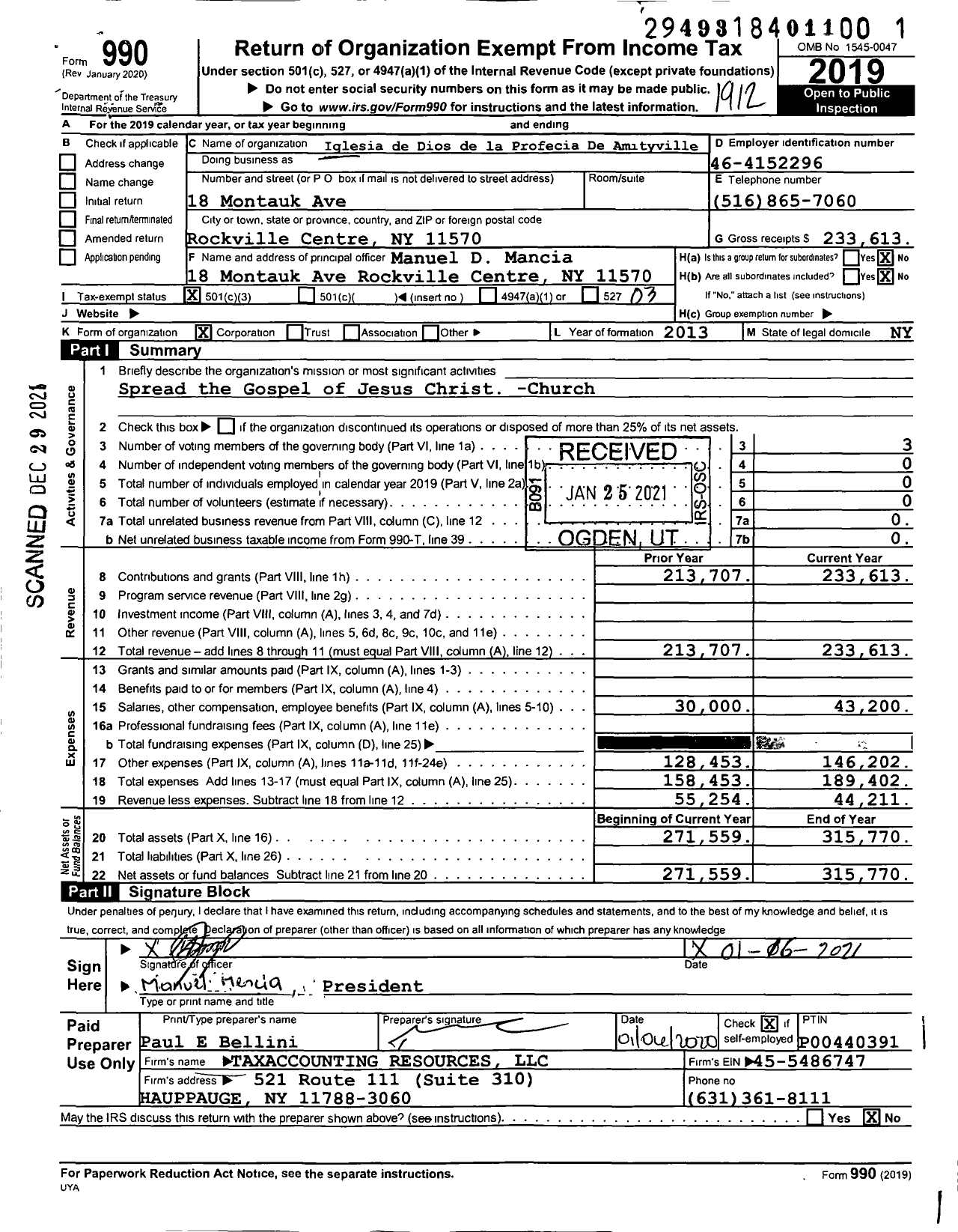 Image of first page of 2019 Form 990 for Iglesia de Dios de la Profecia De Amityville