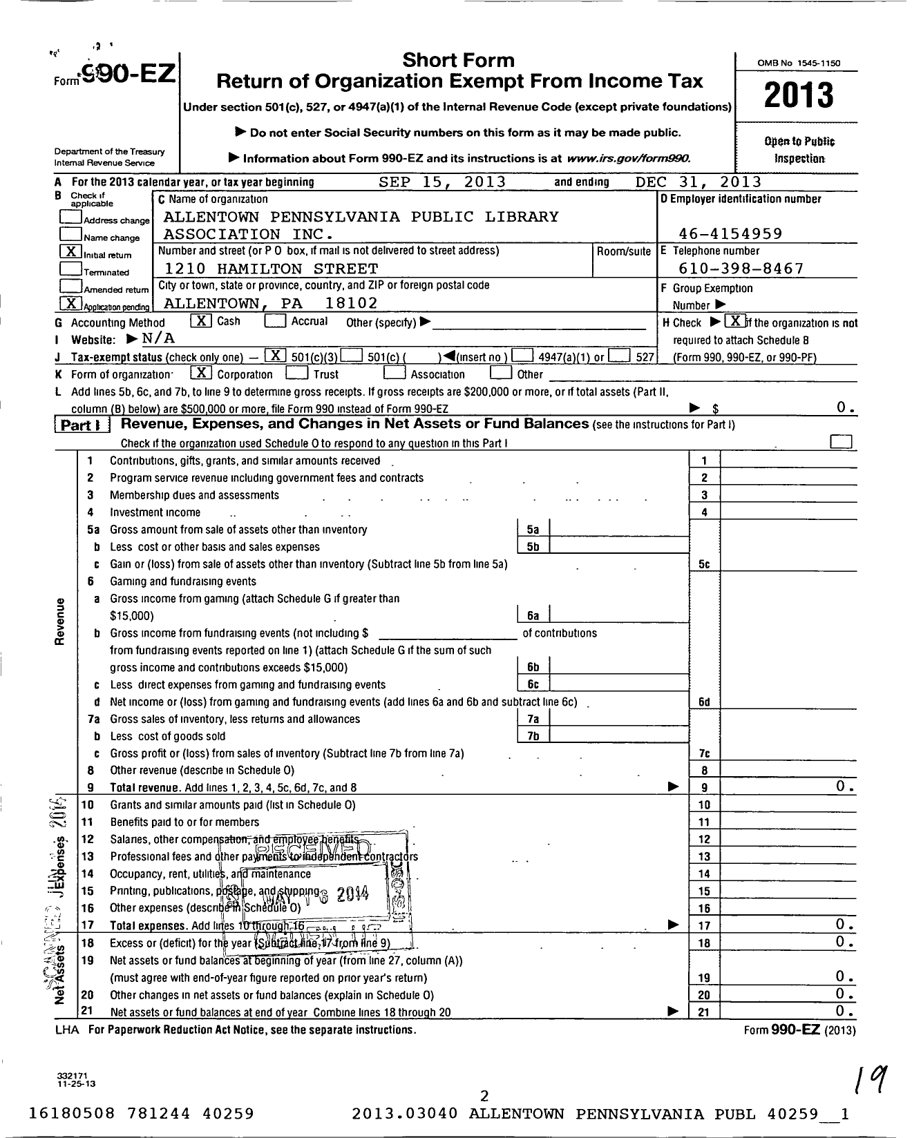 Image of first page of 2013 Form 990EZ for Allentown Pennsylvania Public Library Association