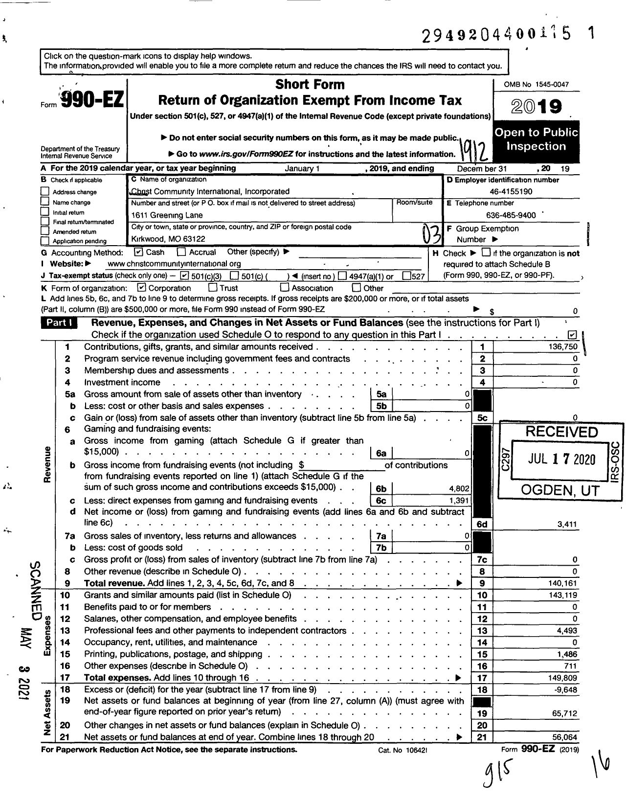 Image of first page of 2019 Form 990EZ for Christ Community International Incorporated