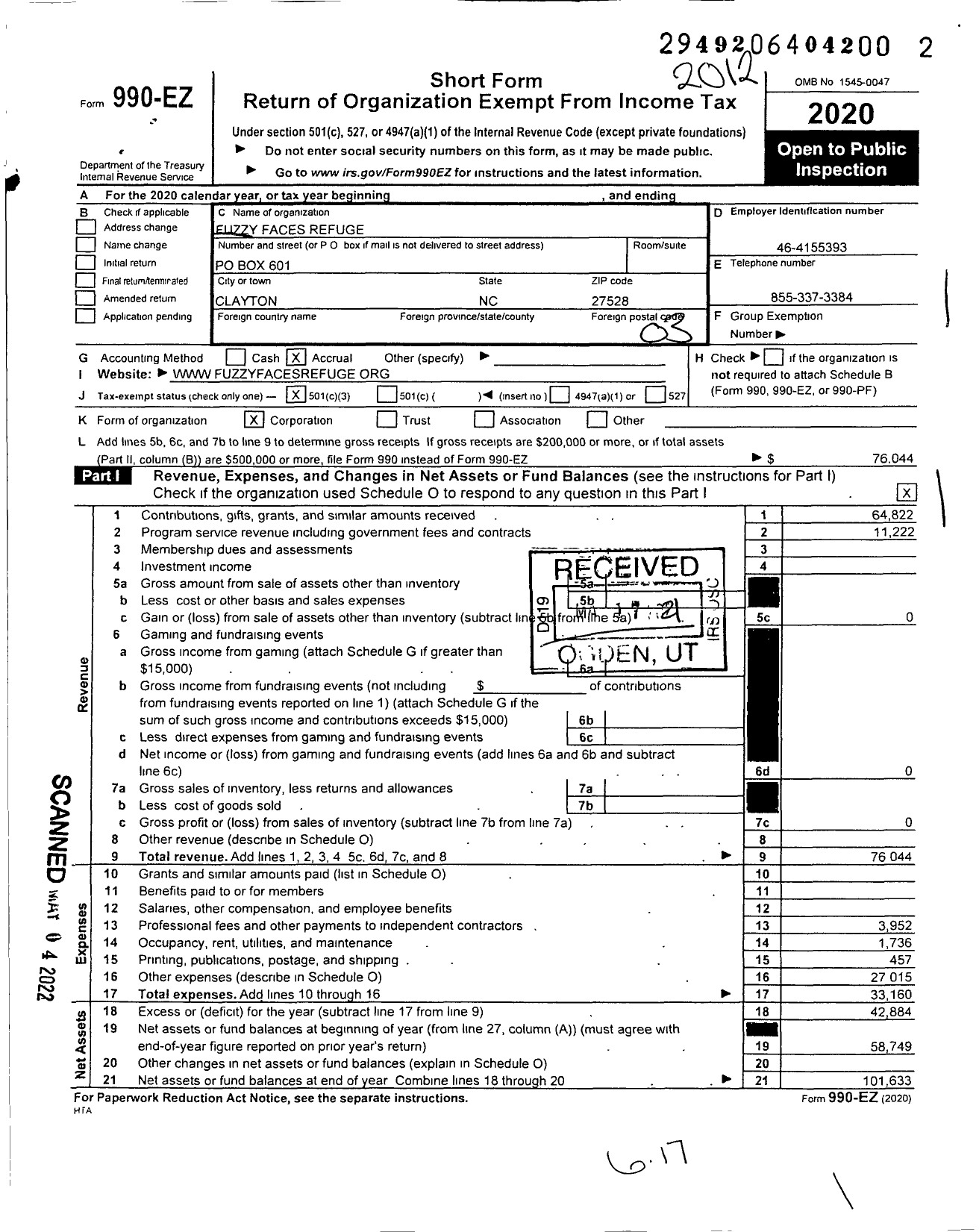 Image of first page of 2020 Form 990EZ for Fuzzy Faces Refuge